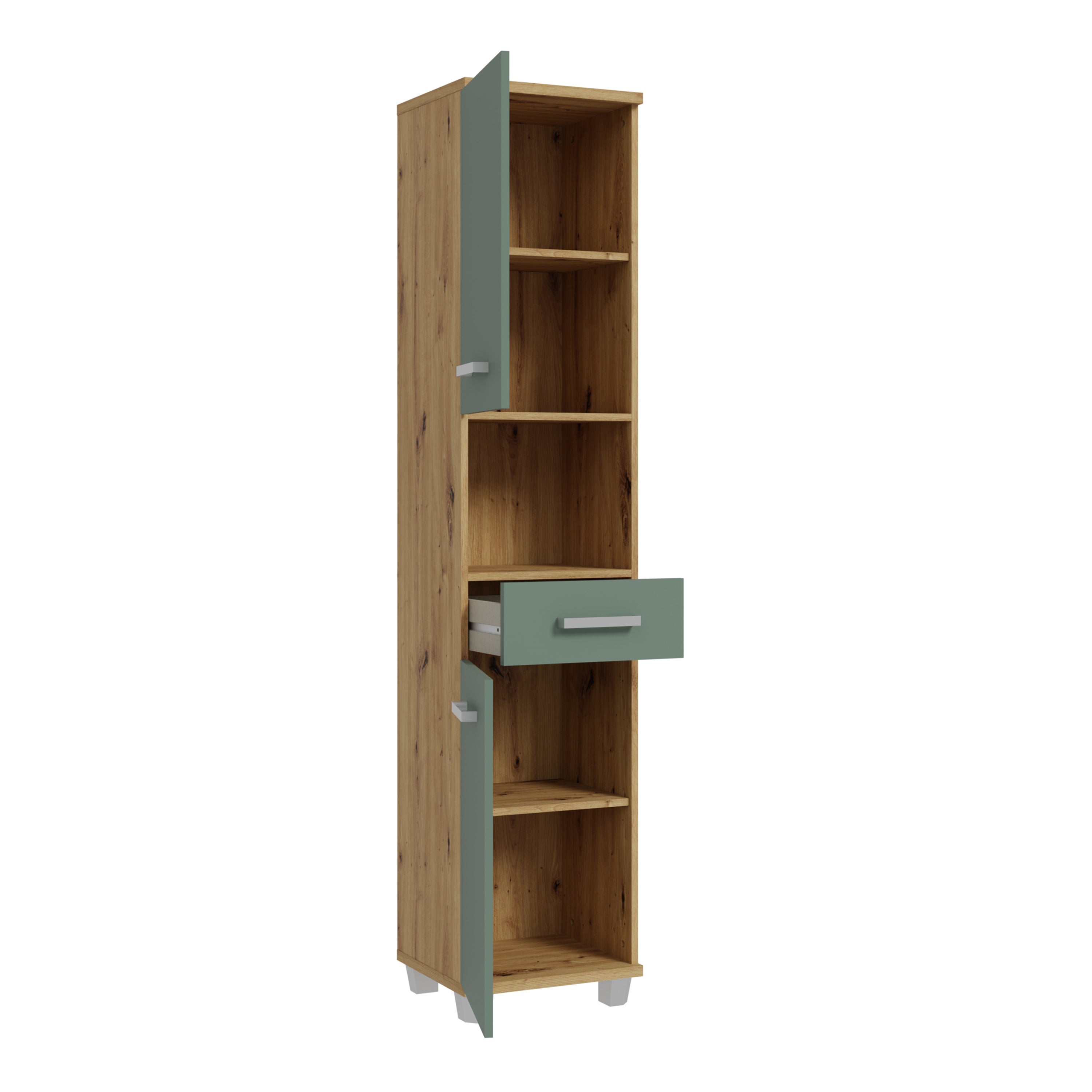 Veris Tall Narrow Bathroom Cupboard with 2 Doors & 1 Drawer in Artisan Oak and Sage Green