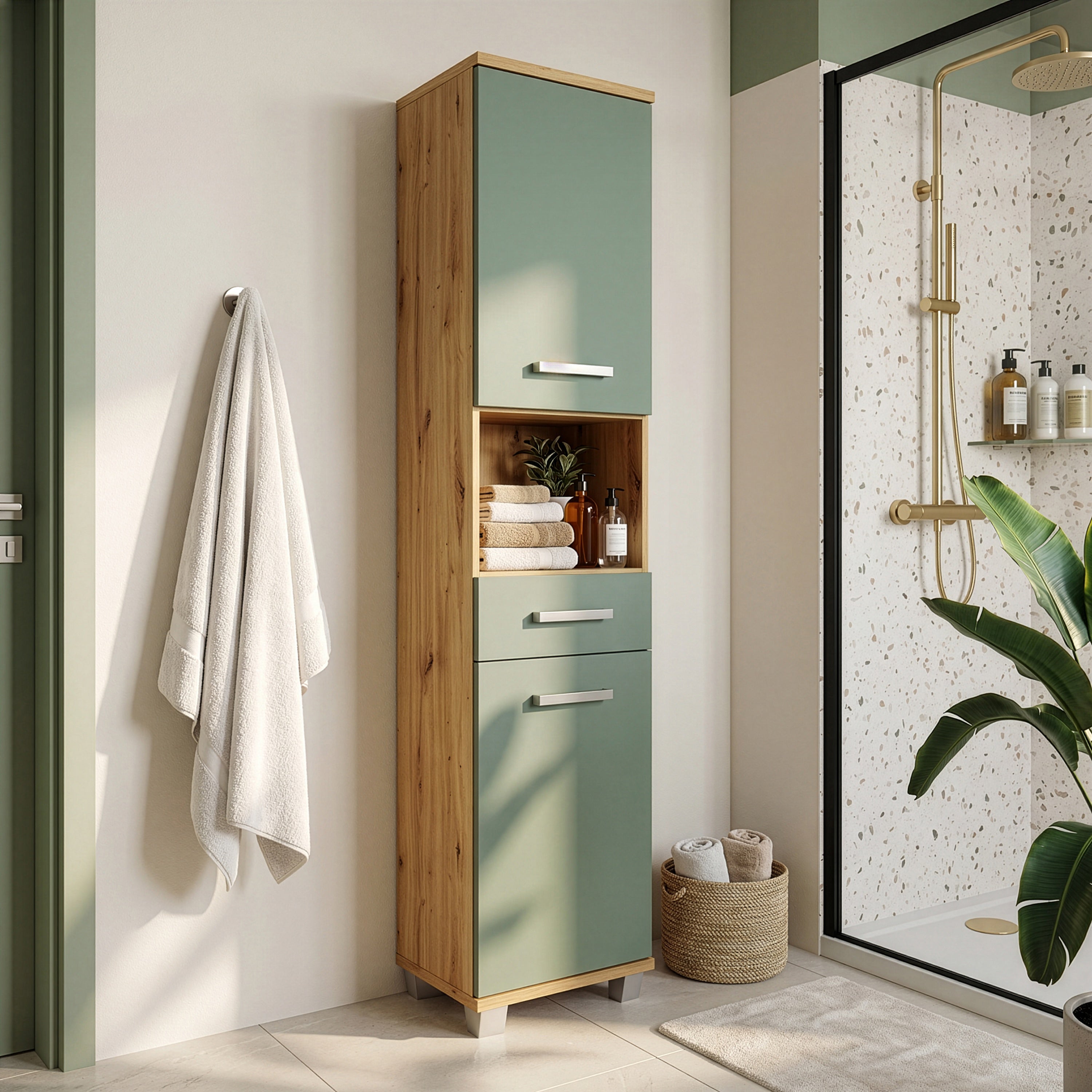 Veris Tall Narrow Bathroom Cupboard with 2 Doors & 1 Drawer in Artisan Oak and Sage Green