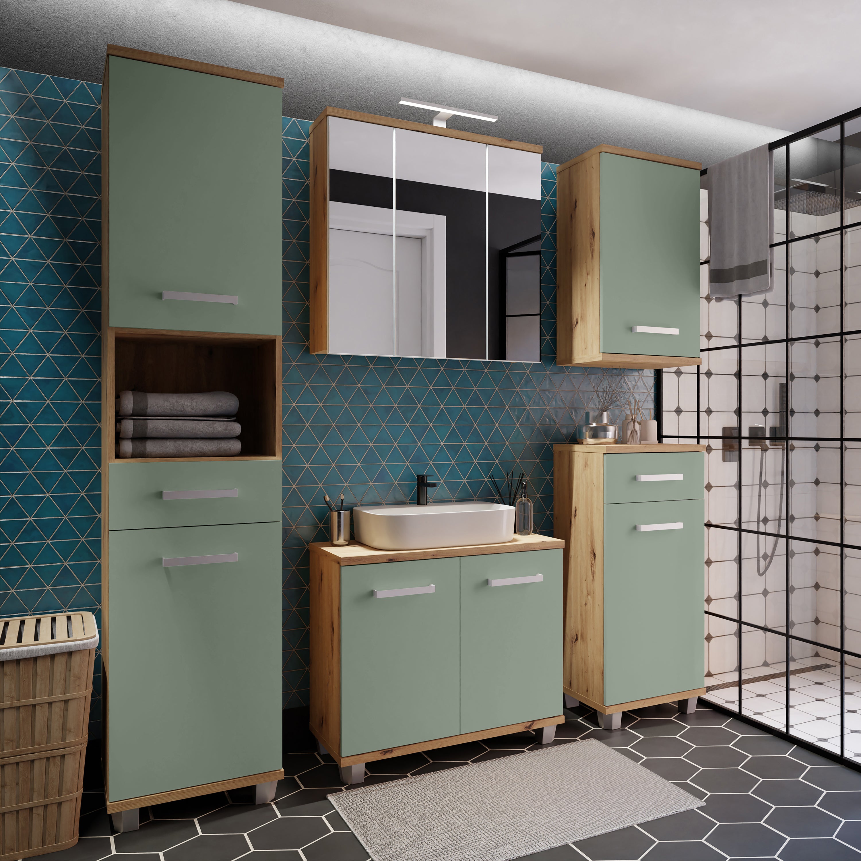 Veris Tall Narrow Bathroom Cupboard with 2 Doors & 1 Drawer in Artisan Oak and Sage Green