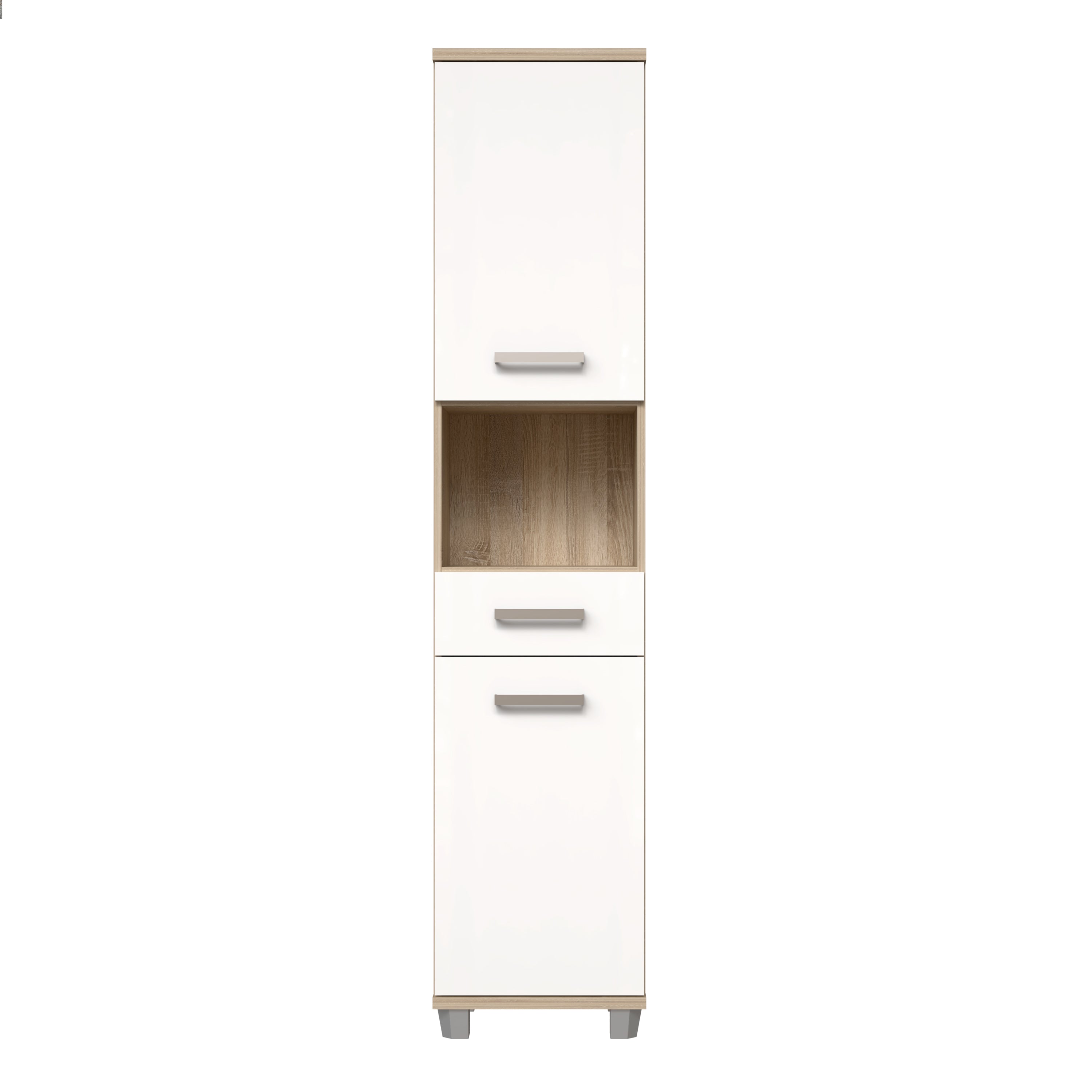 Veris Tall Narrow Bathroom Cupboard with 2 Doors & 1 Drawer in Sonoma Oak and White High Gloss