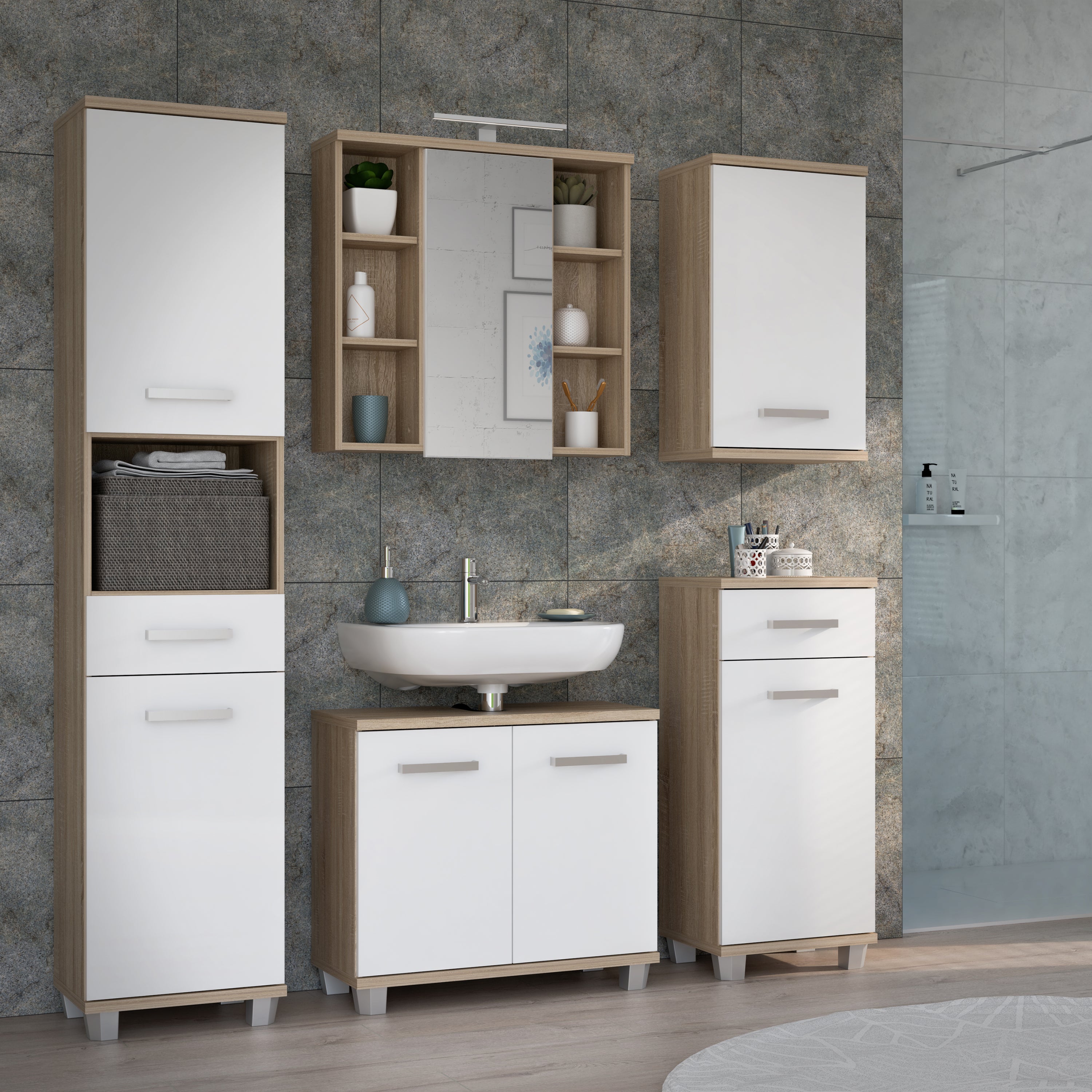 Veris Tall Narrow Bathroom Cupboard with 2 Doors & 1 Drawer in Sonoma Oak and White High Gloss