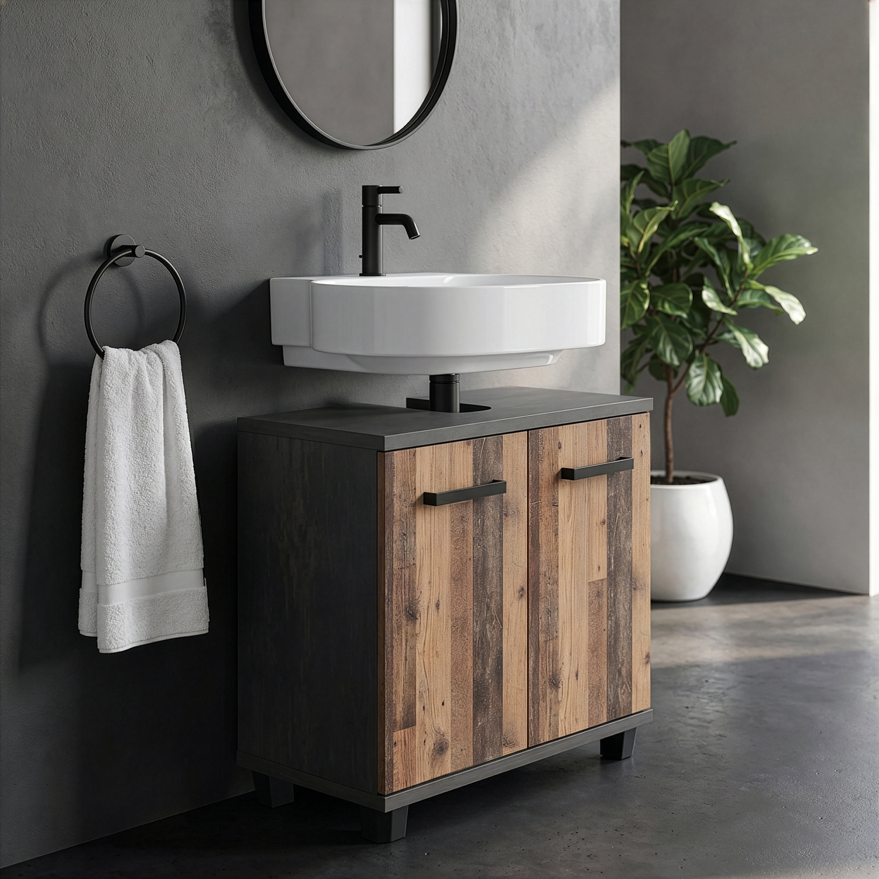 Veris Under Sink Cabinet with 2 Doors in Walnut and Dark Grey