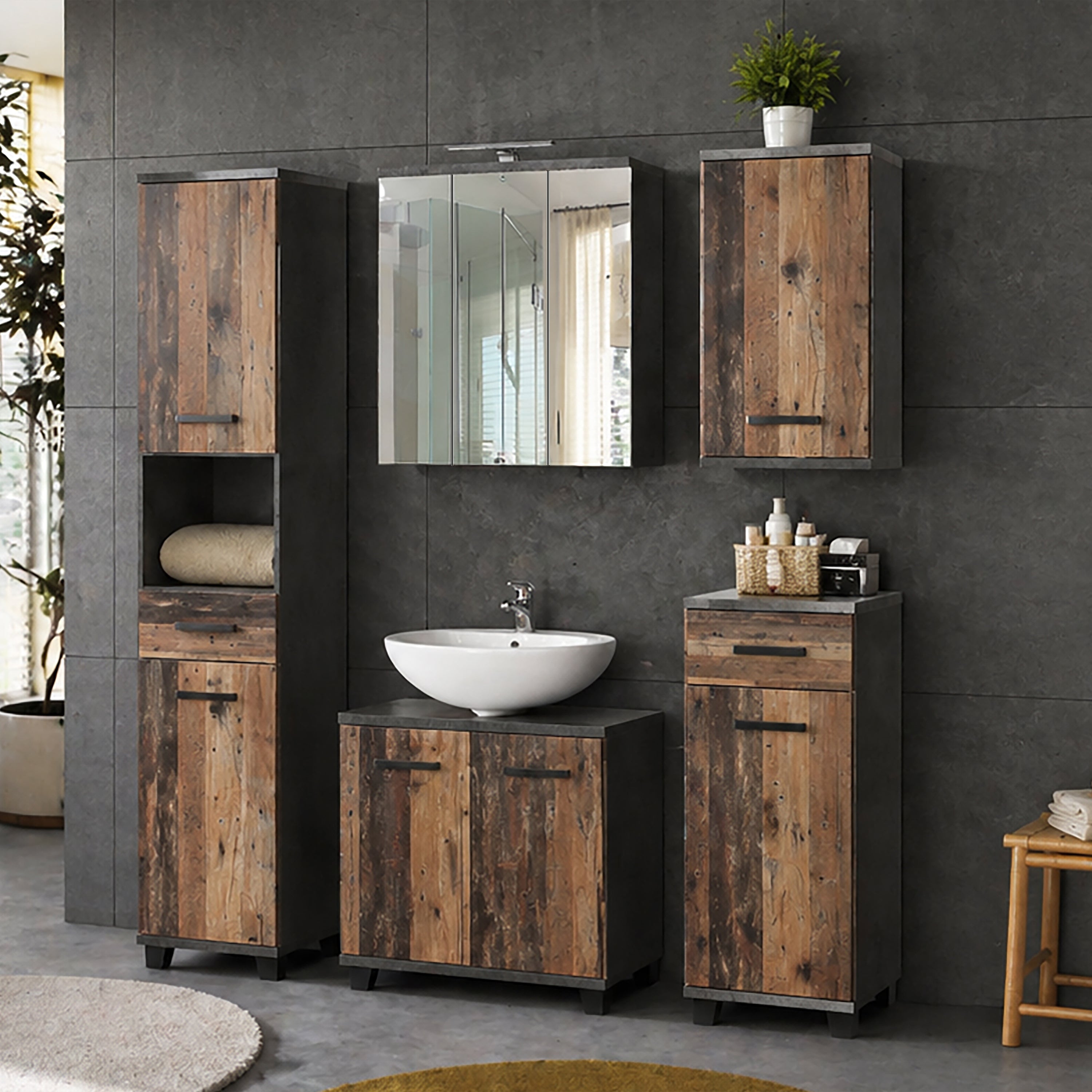 Veris 5 Piece Bathroom Set Walnut & Dark Grey