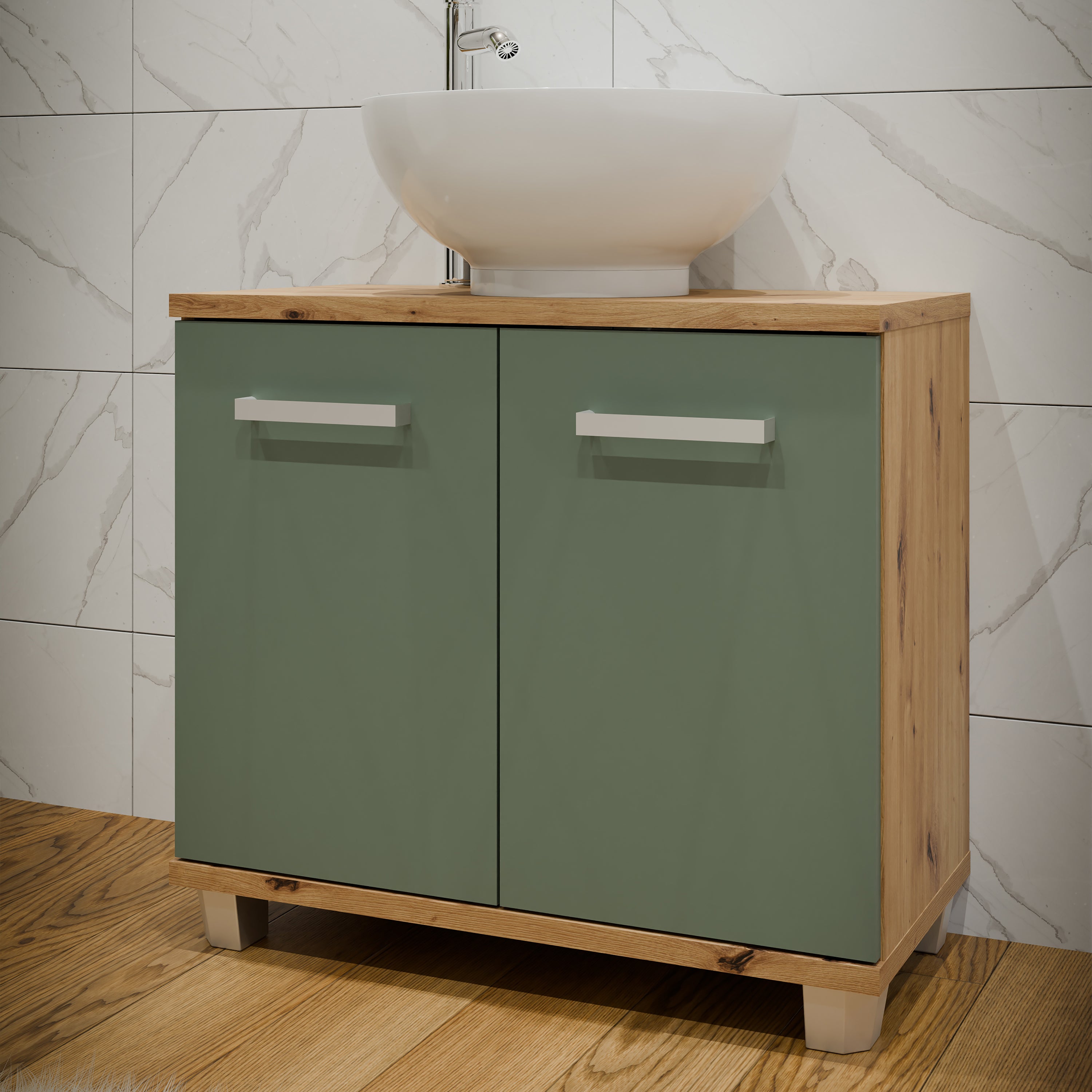Veris Under Sink Cabinet with 2 Doors in Artisan Oak and Sage Green Doors