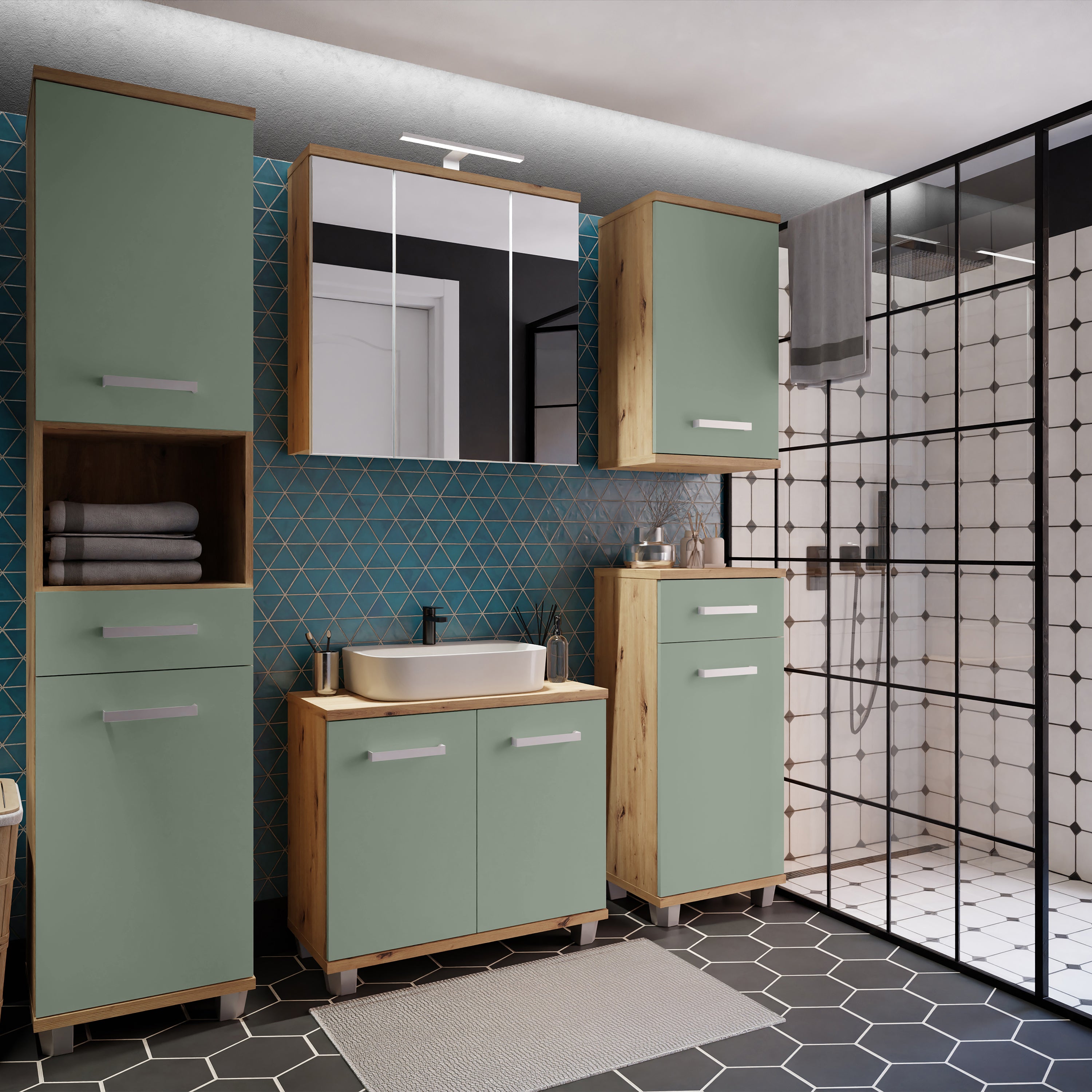 Veris Under Sink Cabinet with 2 Doors in Artisan Oak and Sage Green Doors