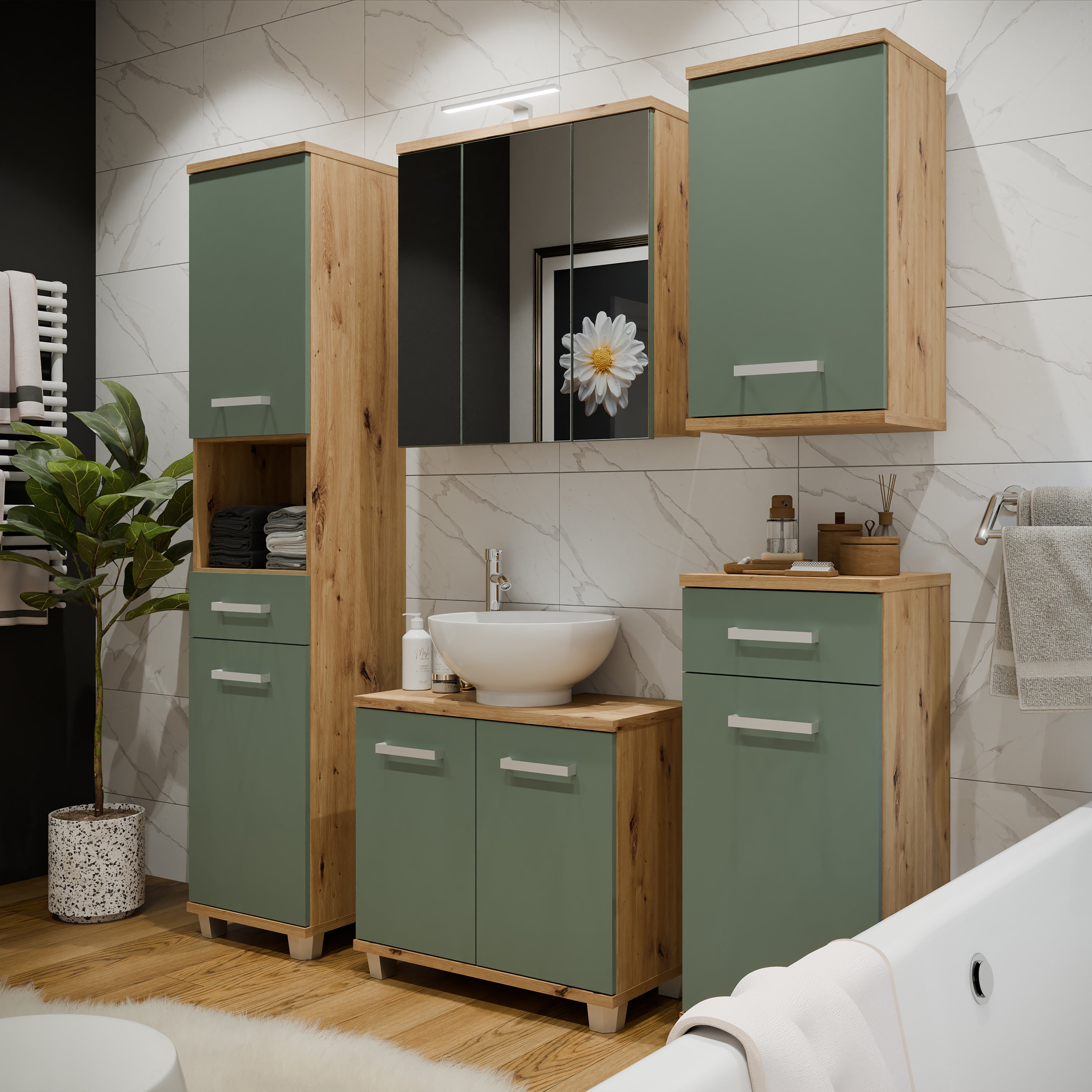Veris Under Sink Cabinet with 2 Doors in Artisan Oak and Sage Green Doors
