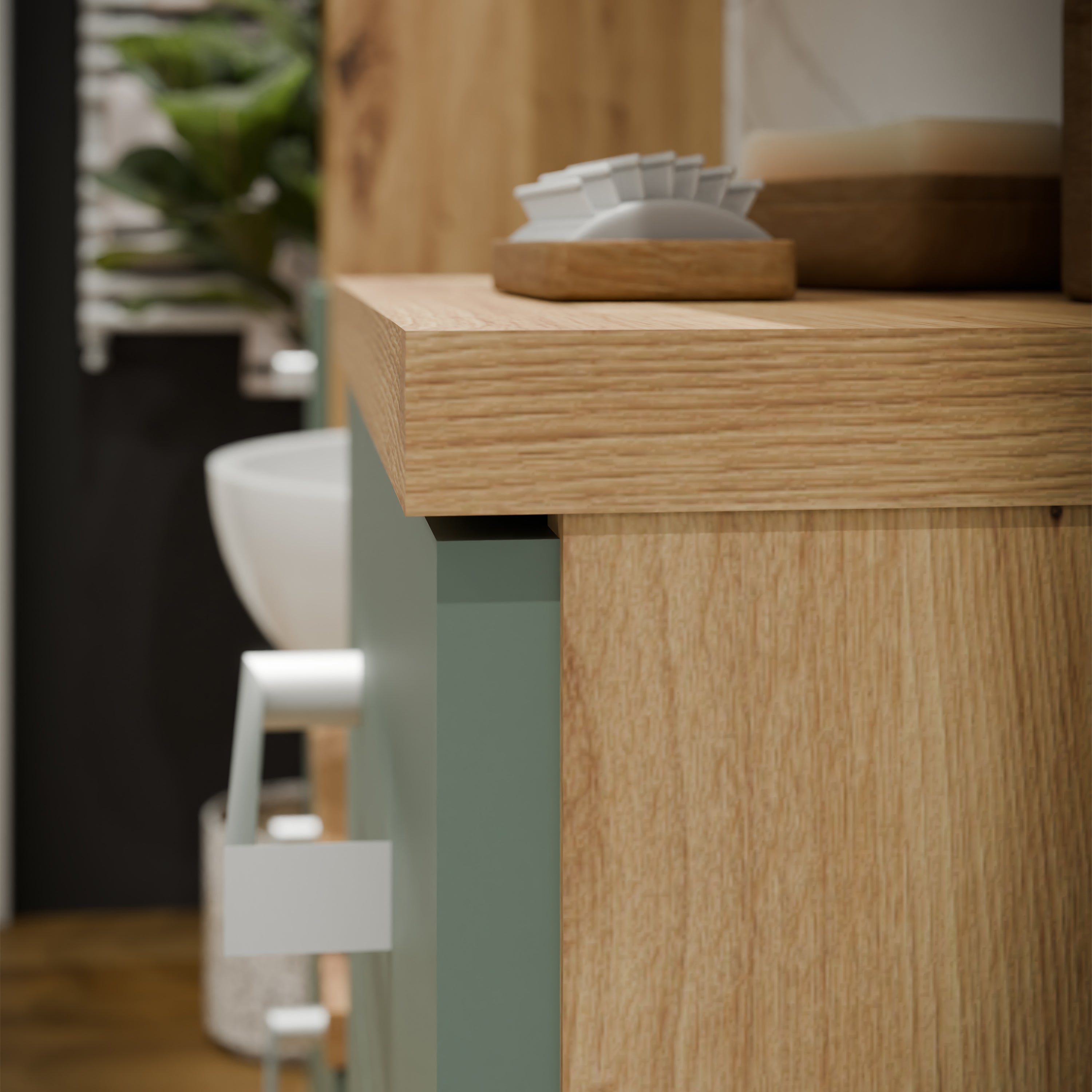 Veris Under Sink Cabinet with 2 Doors in Artisan Oak and Sage Green Doors