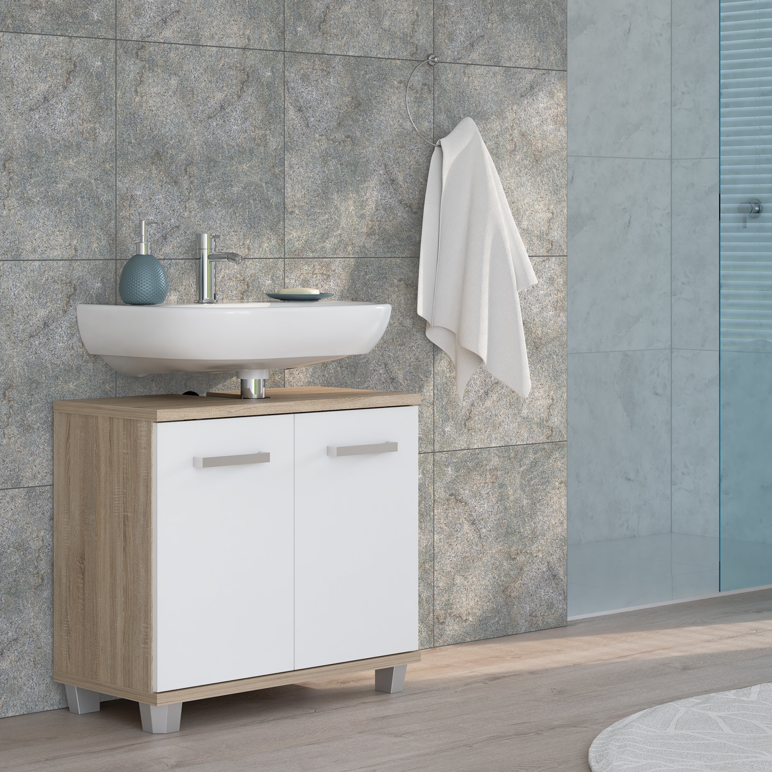 Veris Under Sink Cabinet with 2 Doors in Sonoma Oak and White High Gloss
