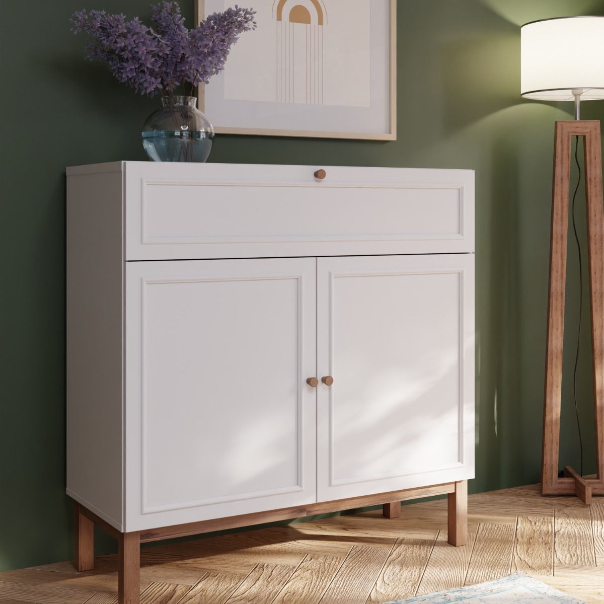 Wensley 2 Door 1 Drawer Console in Light Grey and Oak – FTG, view 5