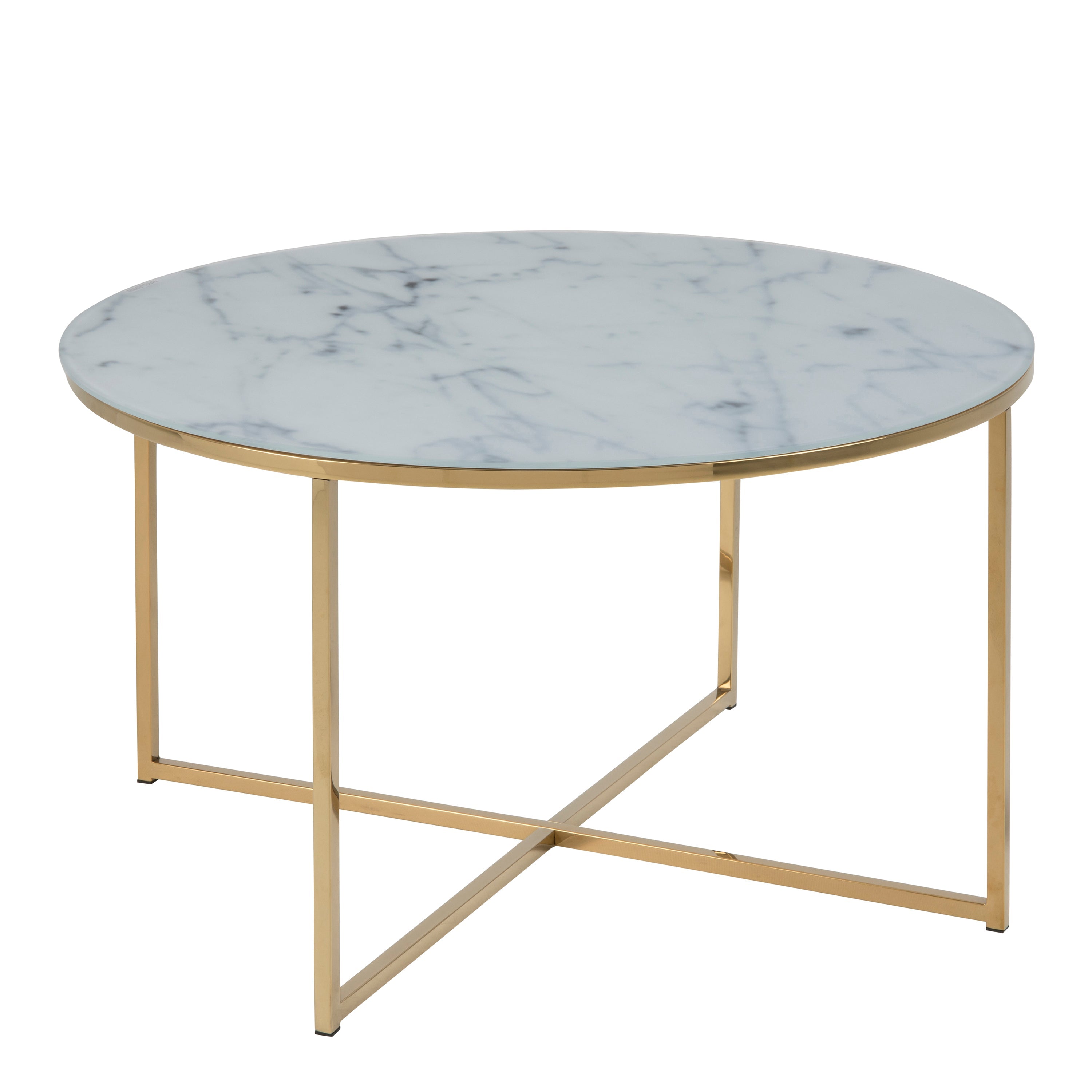Alisma Round Coffee Table with White Marble Effect Glass Top & Gold Legs – FTG