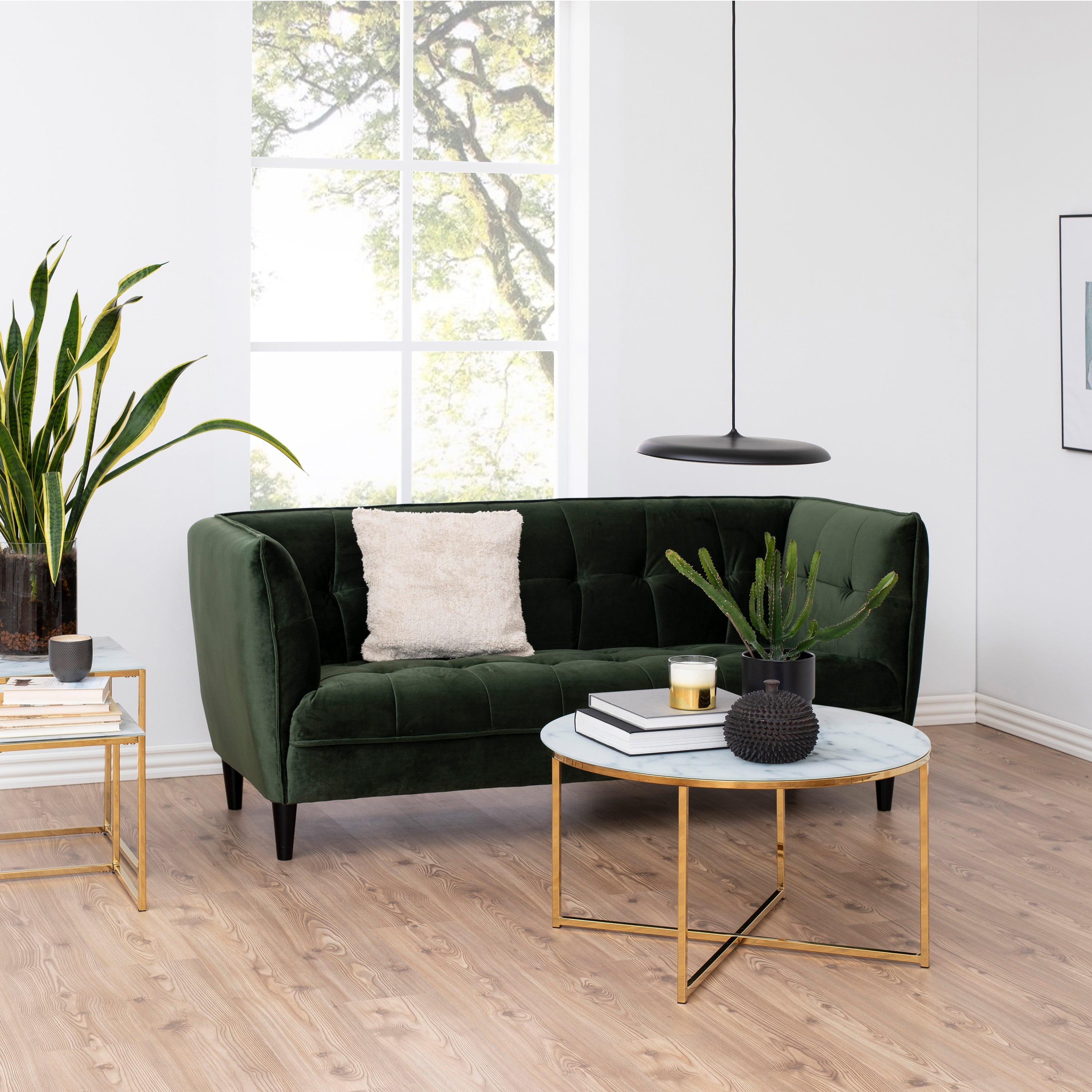 Alisma Round Coffee Table with White Marble Effect Glass Top & Gold Legs – FTG, view 4