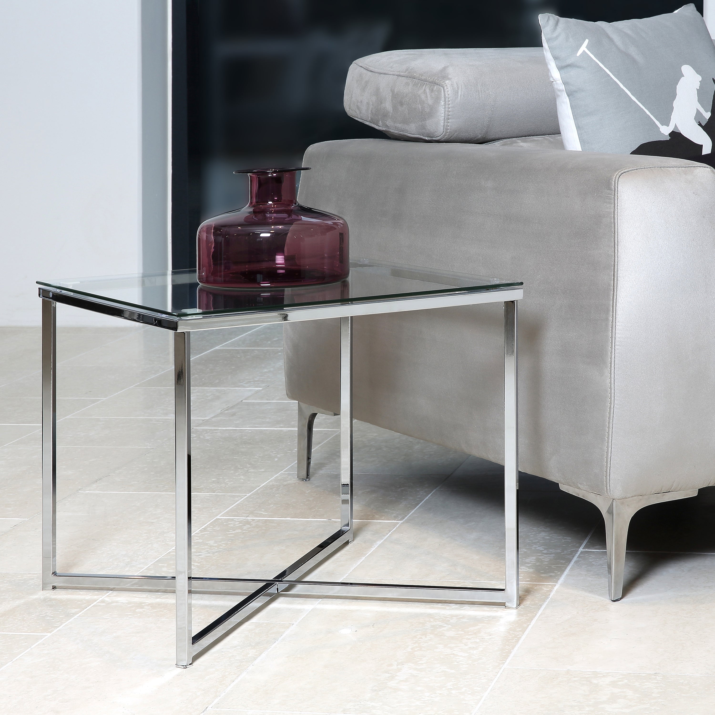 Cross Square Metal Side Table with Glass Top – FTG, view 3