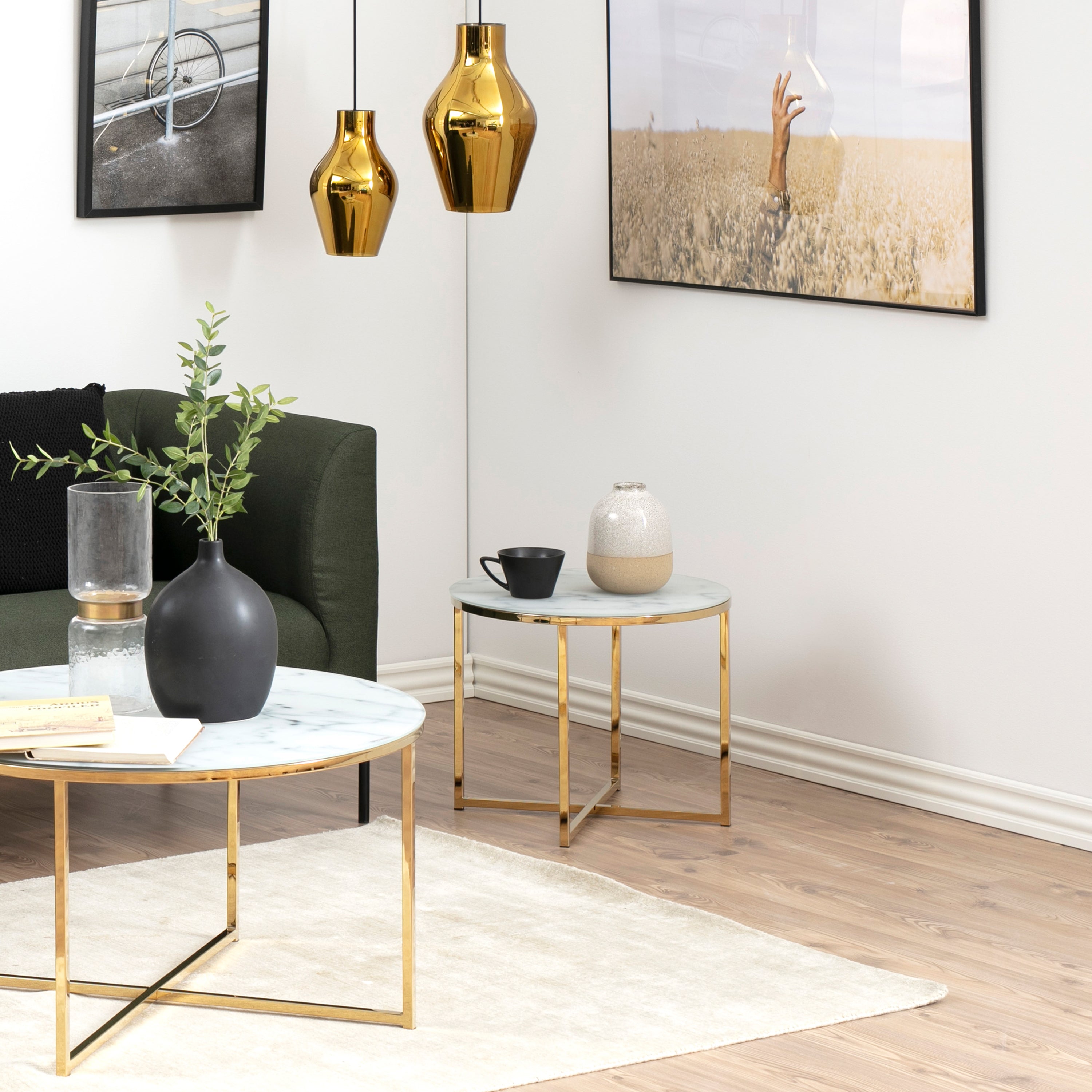 Alisma Round Side Table with White Crystal Clear Marble Glass Top & Gold Legs – FTG, view 3