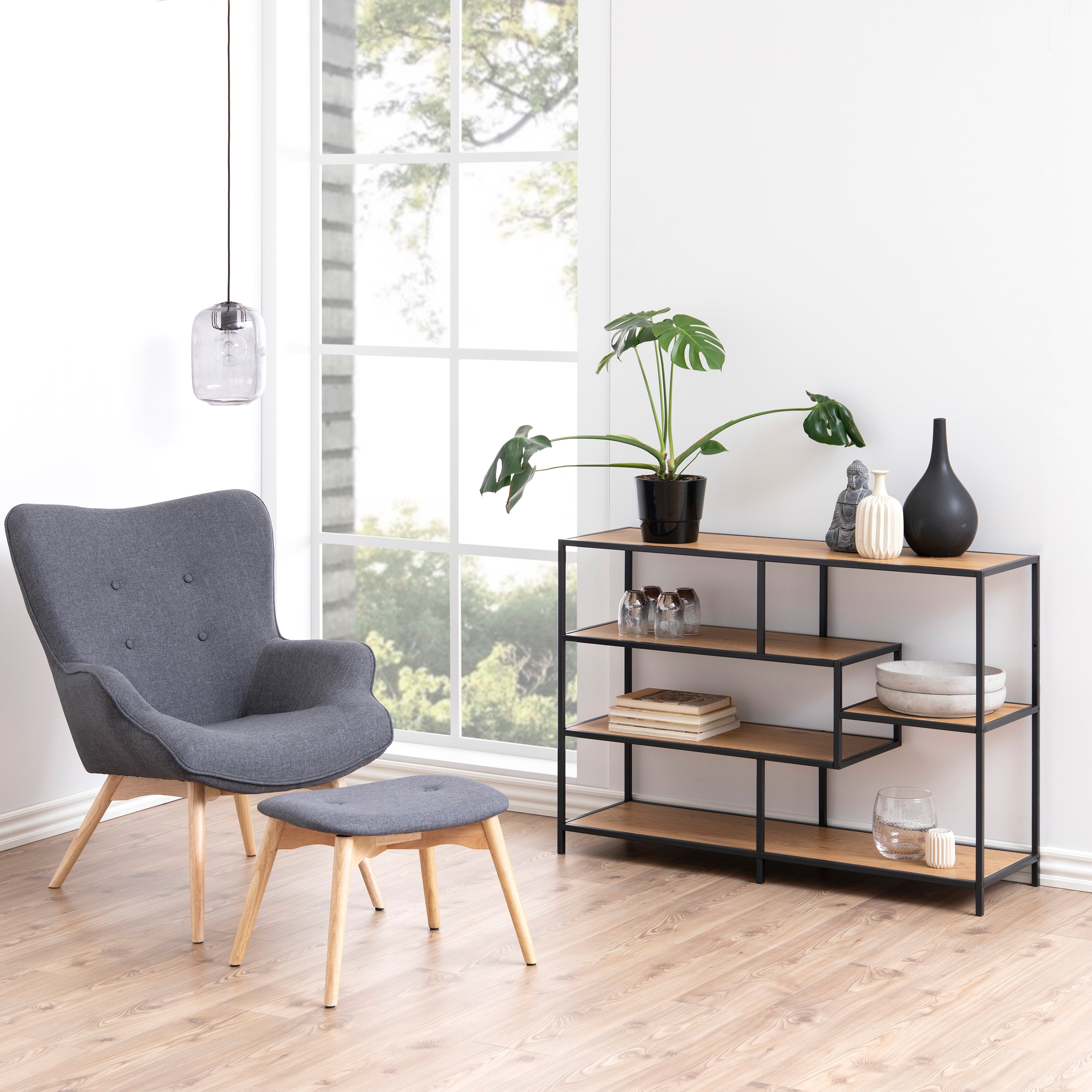 Seaford Wide Black Metal Bookcase with 4 Oak Shelves – FTG, view 4