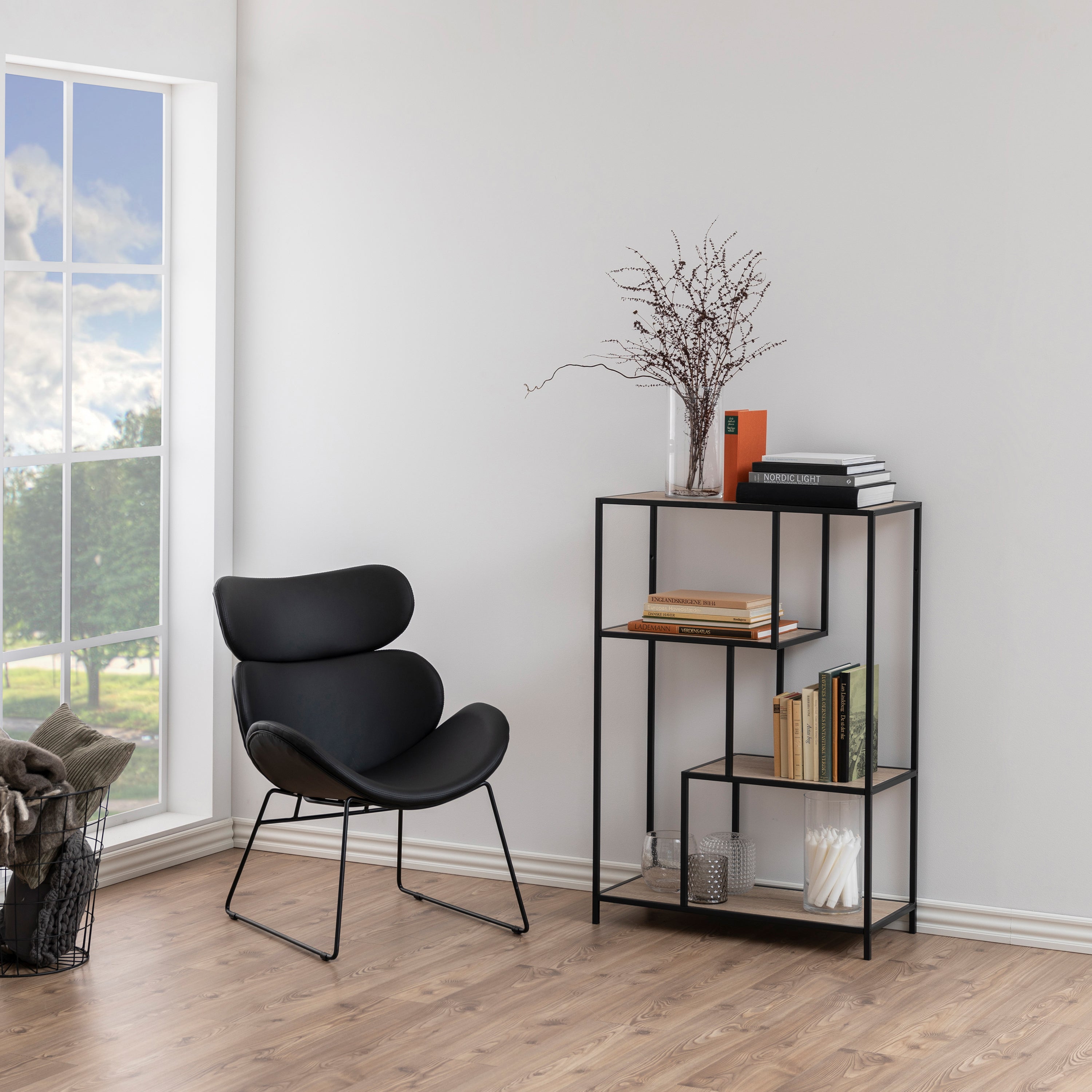 Seaford Black Metal Asymmetrical Bookcase with 3 Oak Shelves – FTG, view 4