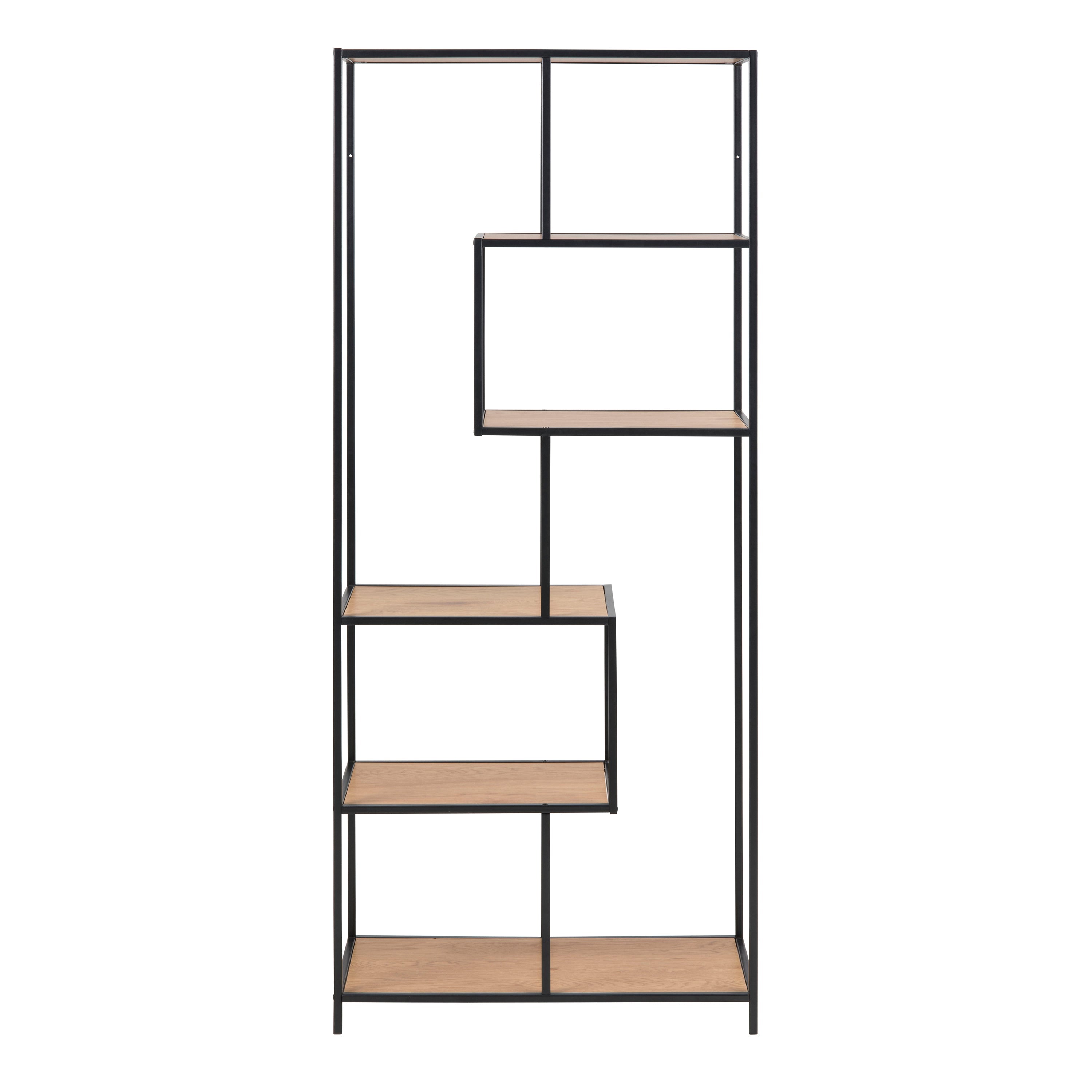 Seaford Tall Black Metal Bookcase with 5 Oak Shelves – FTG, view 2