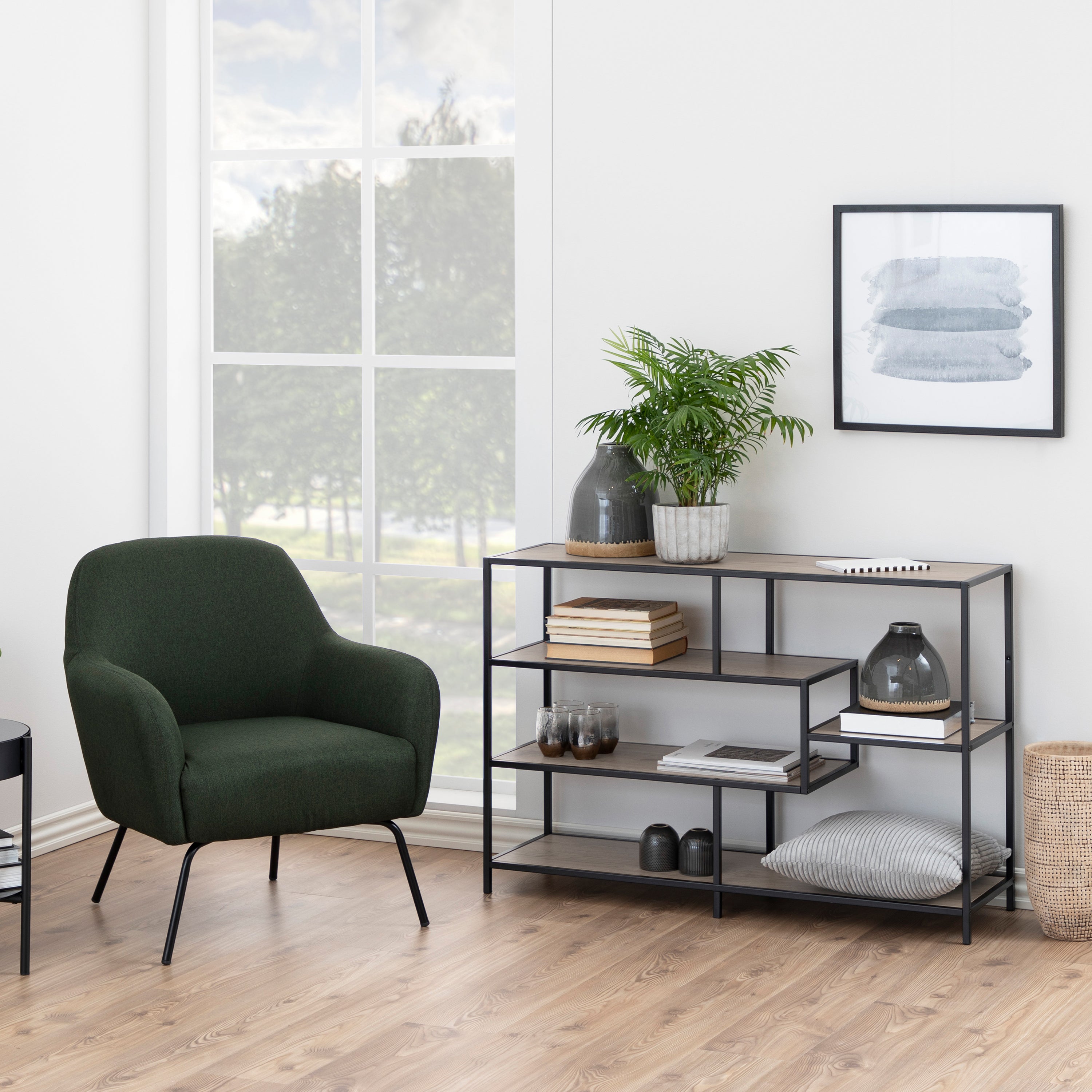Seaford Wide Black Metal Bookcase with 4 Sonoma Oak Shelves – FTG, view 4