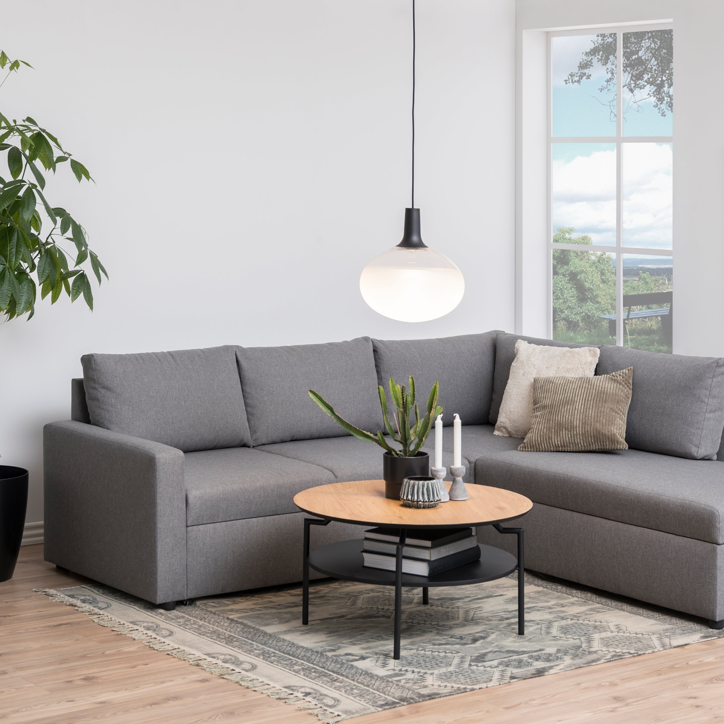 Goldington Round Coffee Table with Oak Top & Black Legs – FTG, view 3