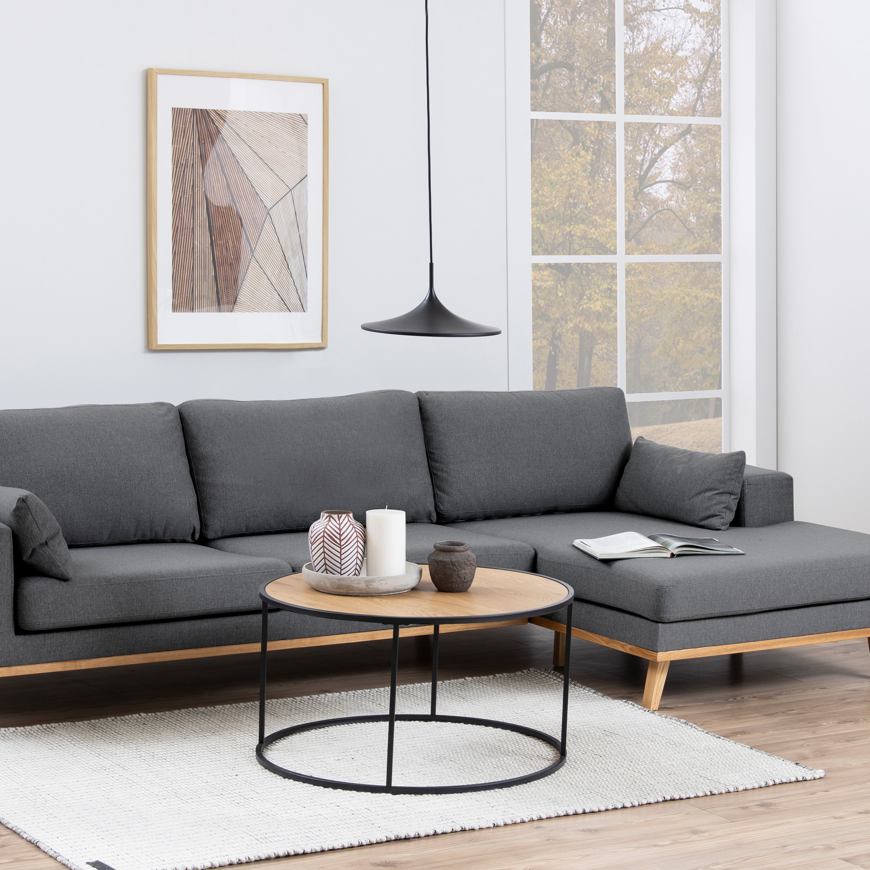 Seaford Black Metal Round Coffee Table with Oak Top – FTG, view 3