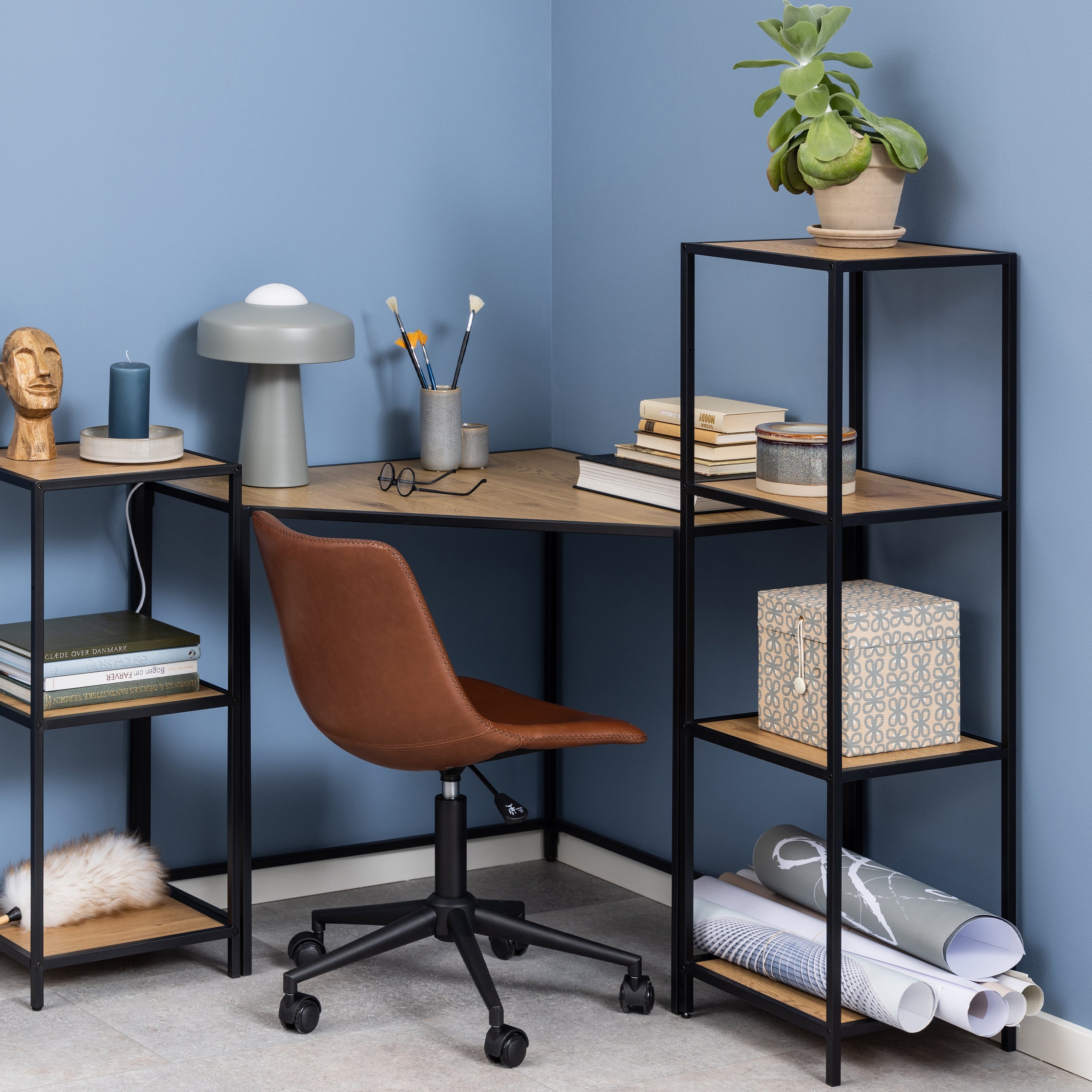 Seaford Narrow Black Metal Bookcase with 3 Oak Shelves – FTG, view 4