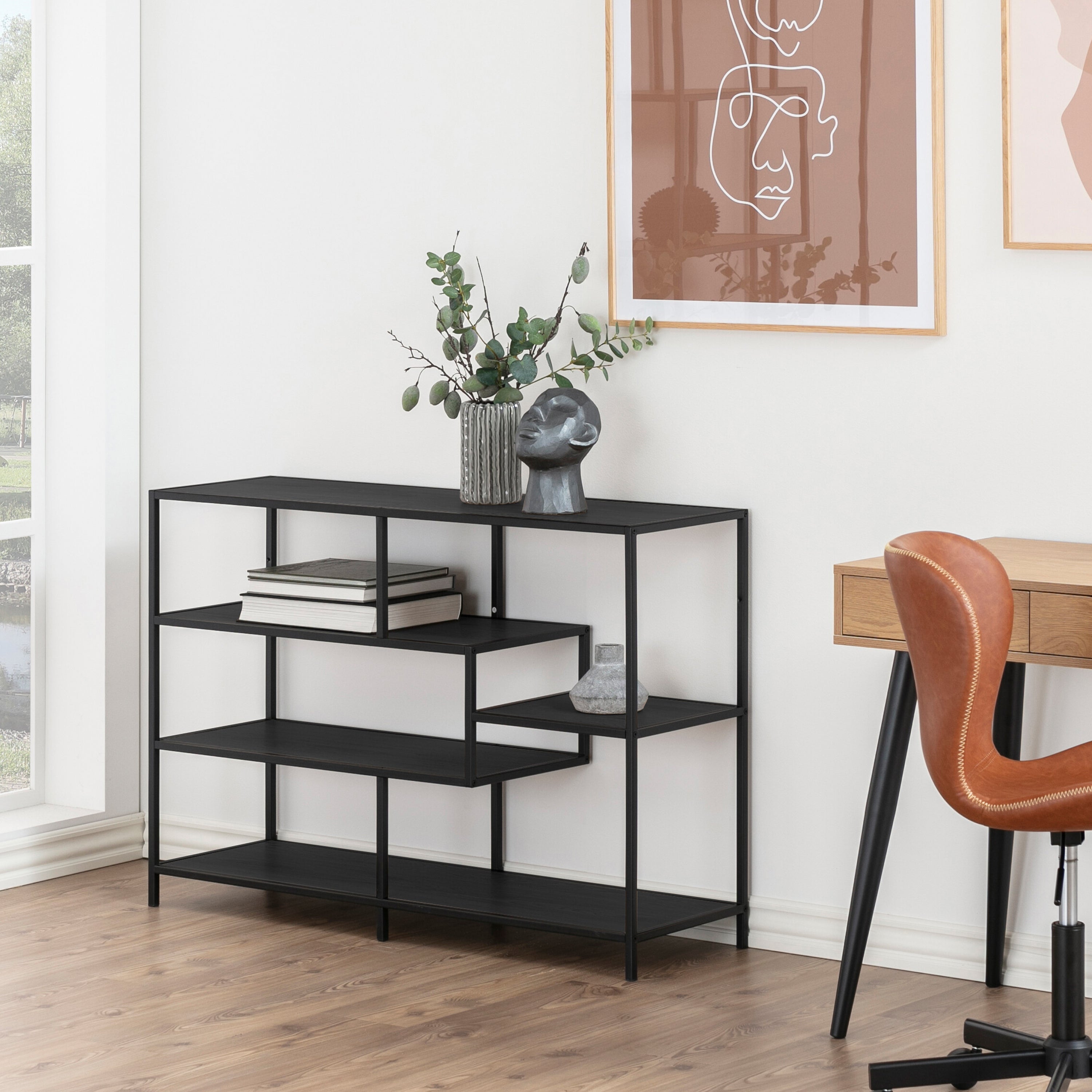 Seaford Wide Black Metal Bookcase with 4 Black Oak Shelves – FTG, view 4