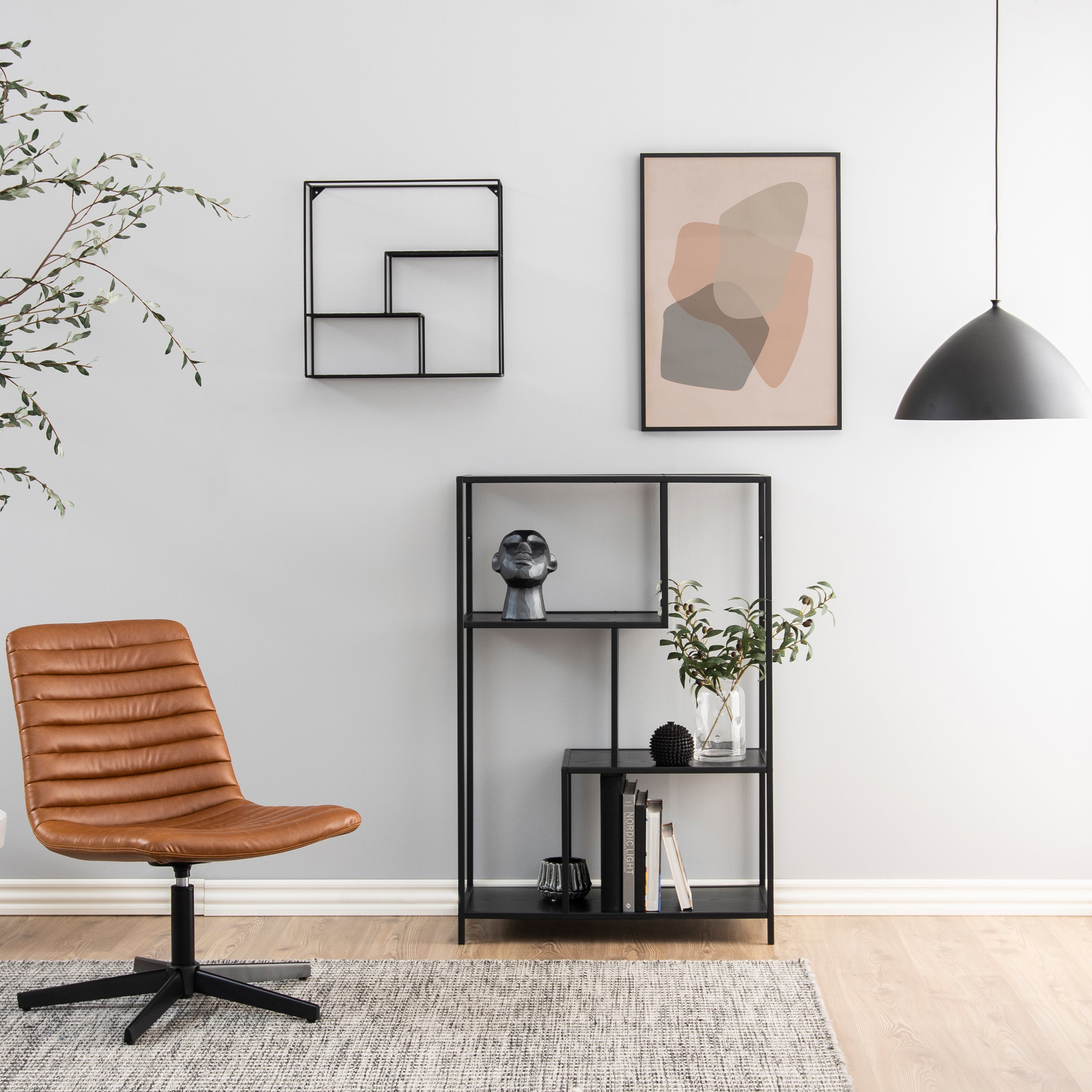 Seaford Black Metal Asymmetrical Bookcase with 3 Black Shelves – FTG, view 4