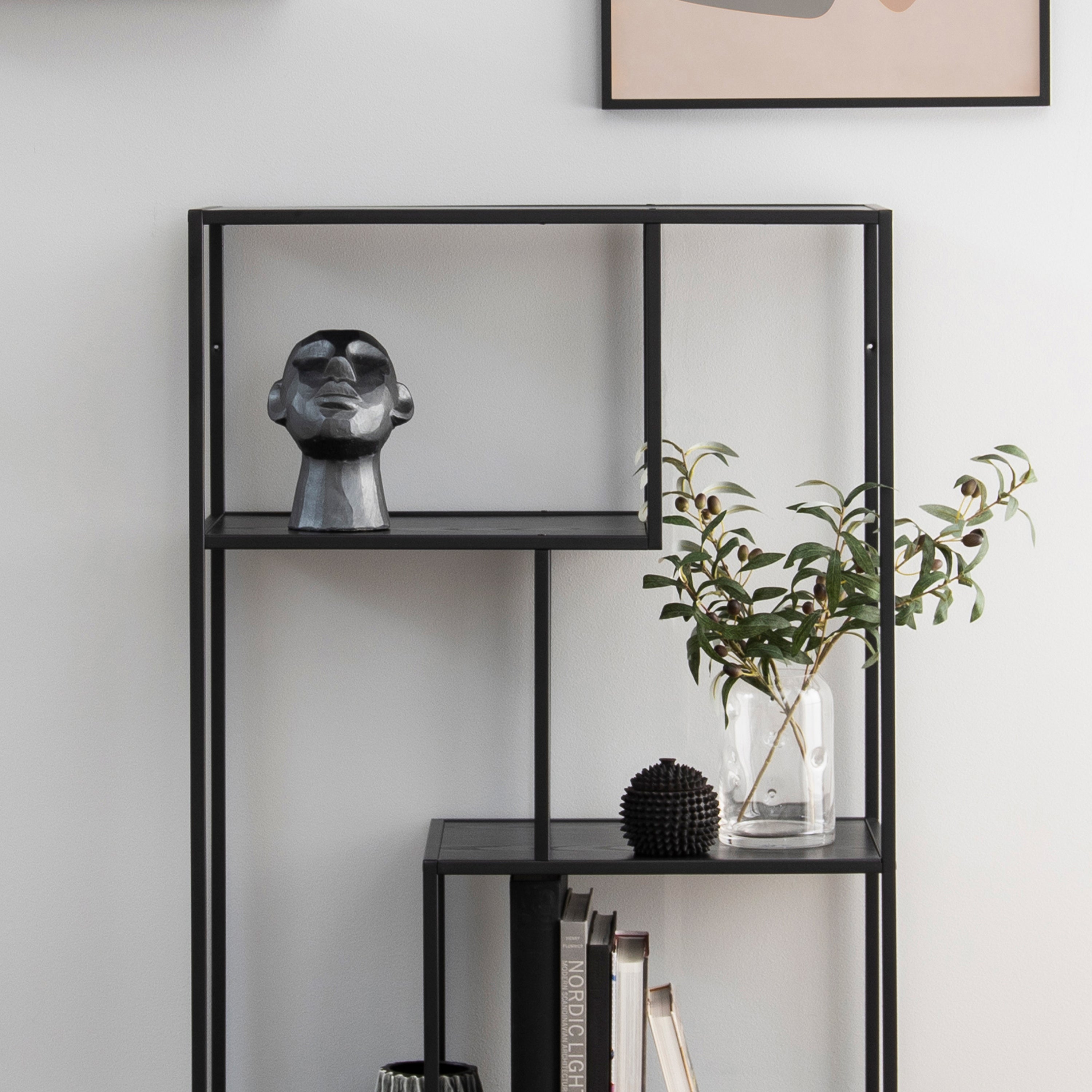 Seaford Black Metal Asymmetrical Bookcase with 3 Black Shelves – FTG, view 5