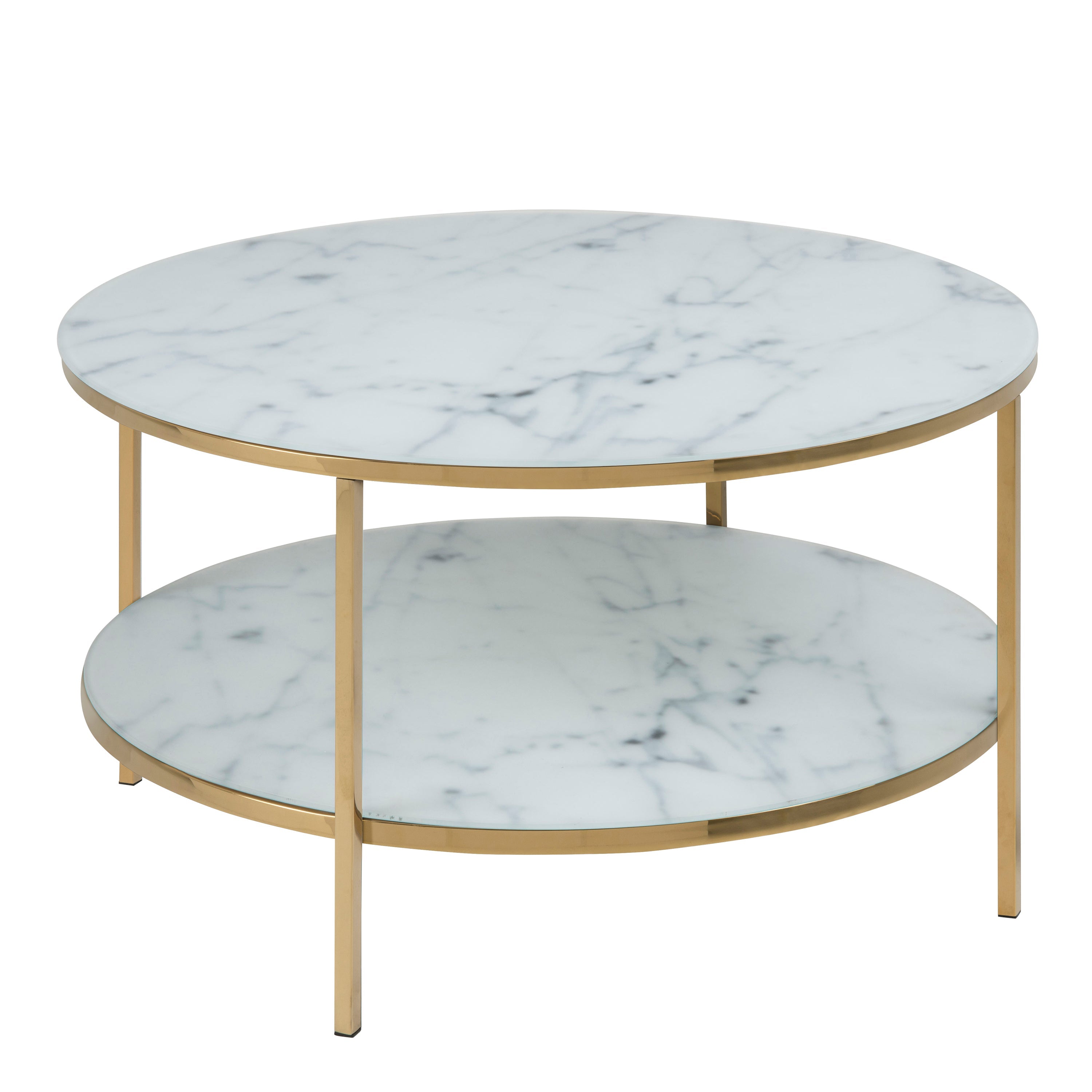 Alisma Round Coffee Table with White Crystal Clear Marble Glass Top & Gold Legs – FTG