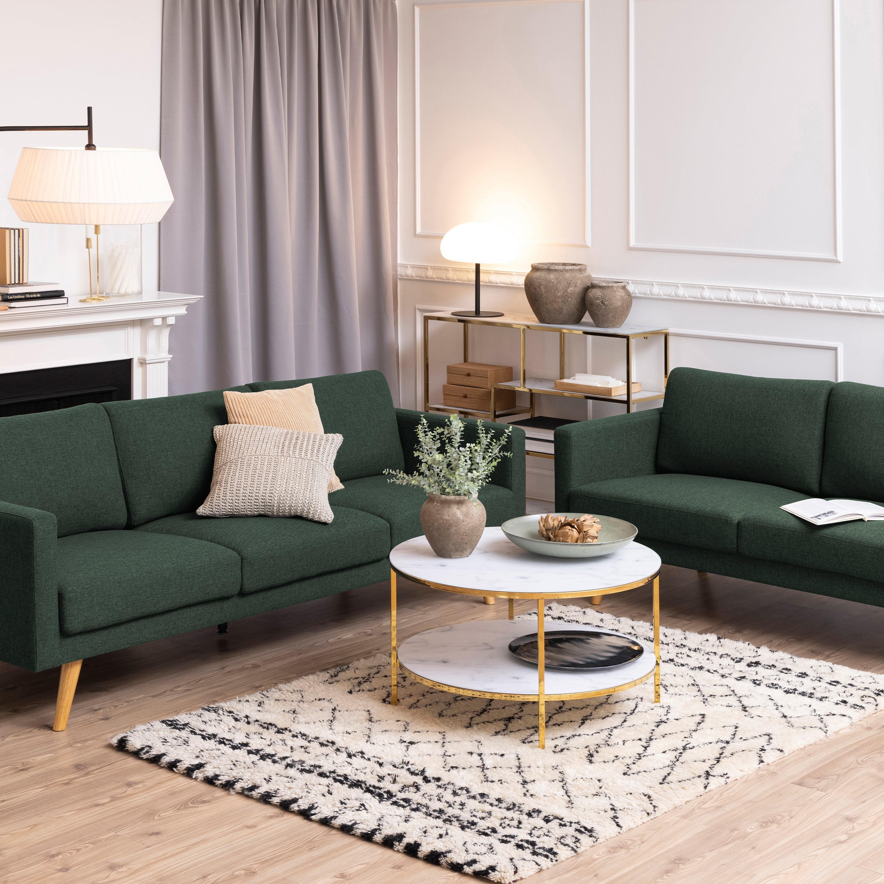 Alisma Round Coffee Table with White Crystal Clear Marble Glass Top & Gold Legs – FTG, view 3
