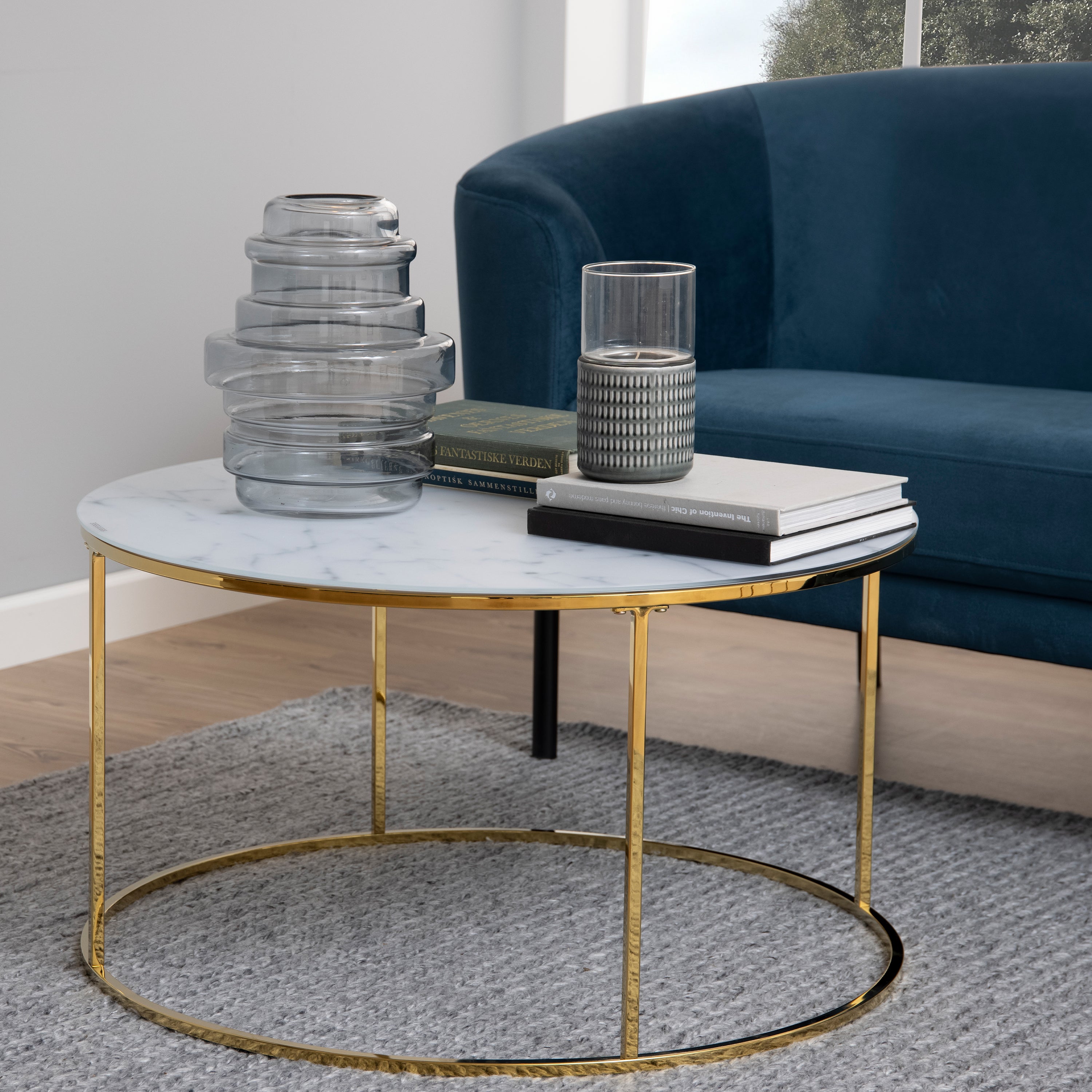 Bolton -A1 Round Coffee Table with White Crystal Clear Marble Glass Top & Gold Base – FTG, view 4