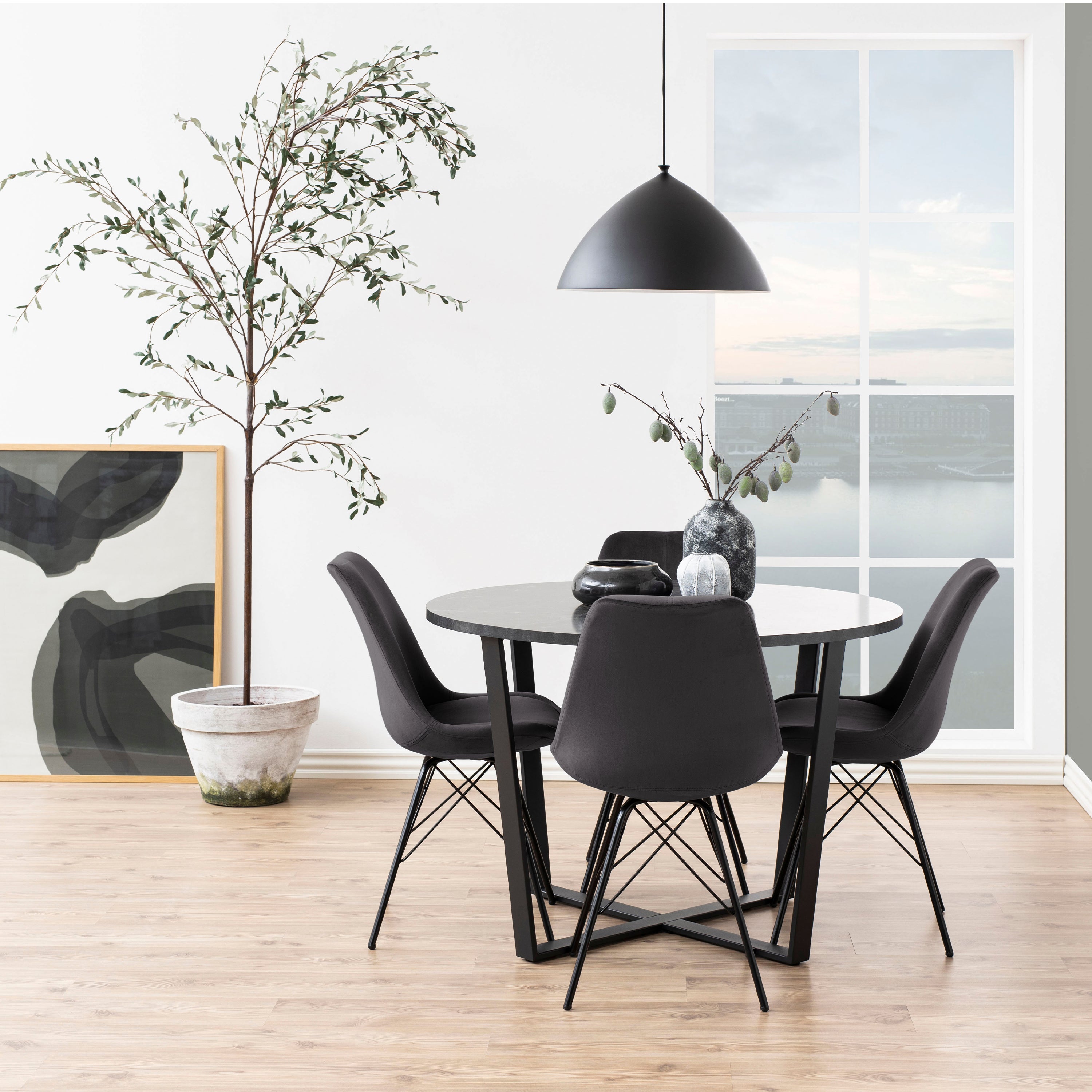 Amble Round Dining Table with Black Marble Melamine Top & Black Legs – FTG, view 6
