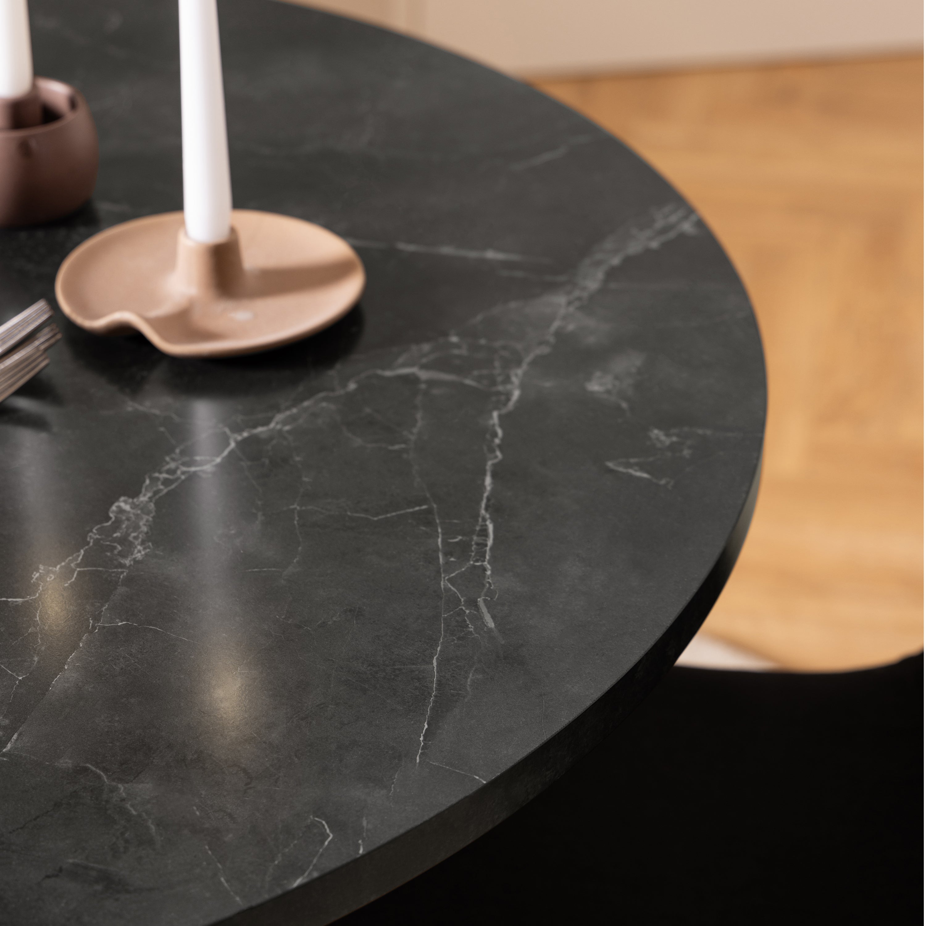 Amble Round Dining Table with Black Marble Melamine Top & Black Legs – FTG, view 7
