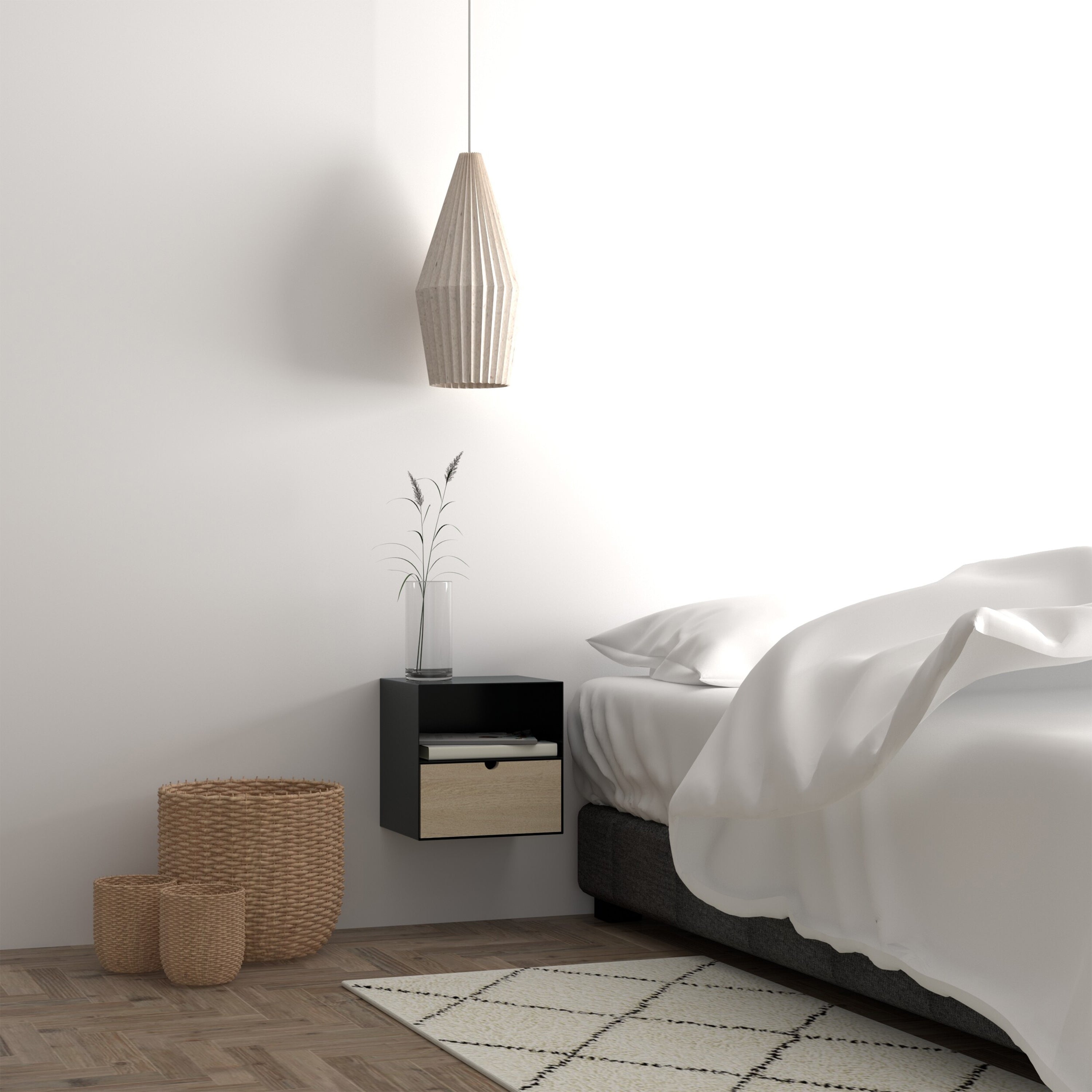 Joliet 1 Drawer Wallmounted Bedside Table in Black & Bamboo – FTG, view 8