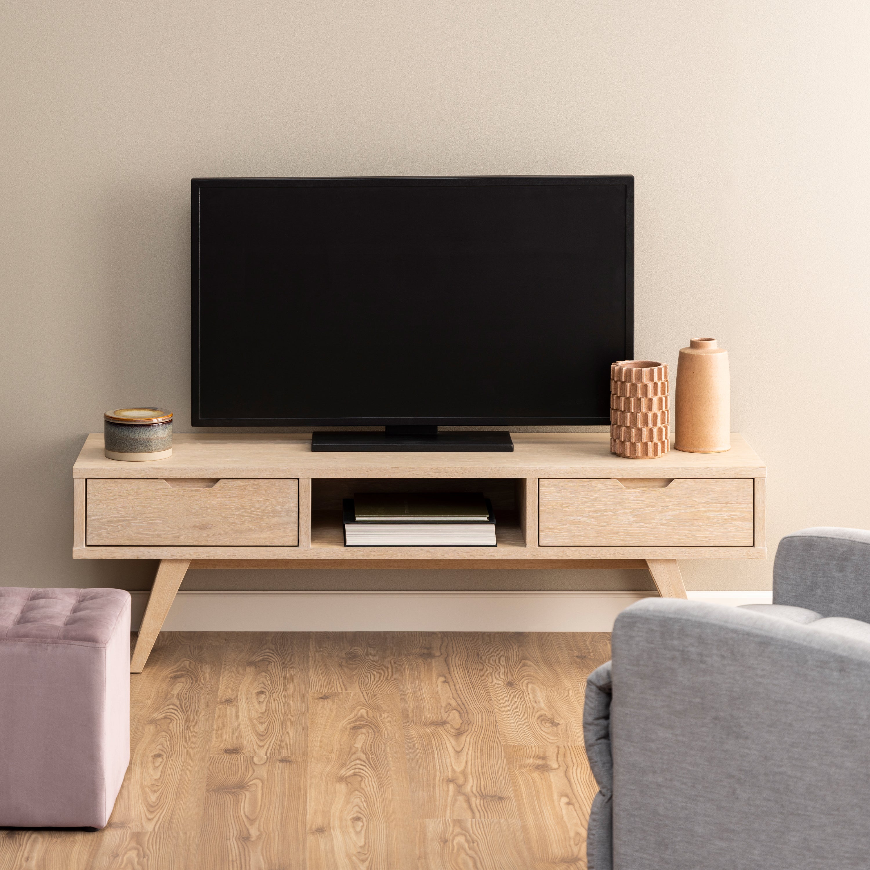 A-Line TV Unit with 2 Drawers in White Oak – FTG, view 5