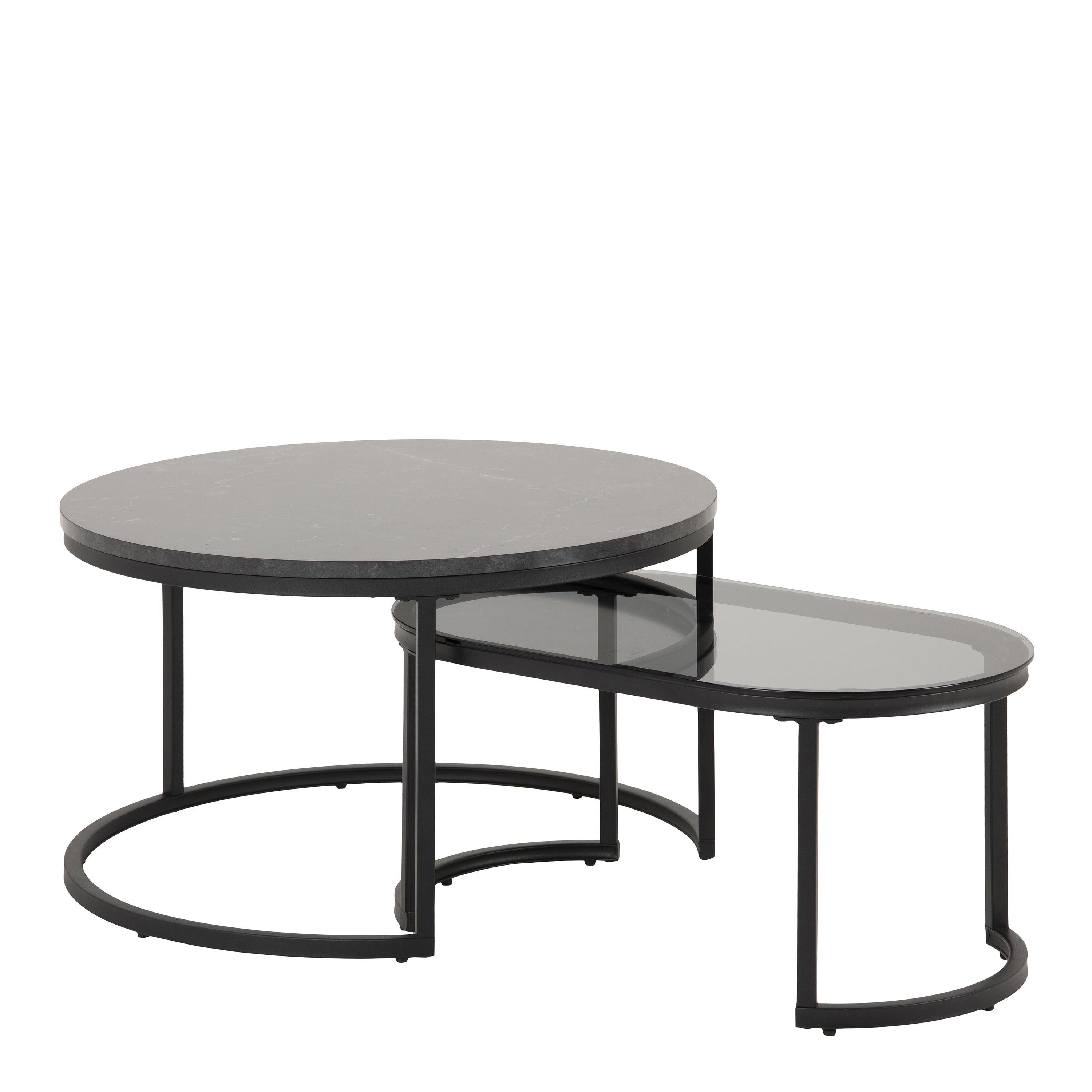 Spiro Round/Oval Coffee Table Set with Black Marble/Smoked Melamine Glass Top – FTG