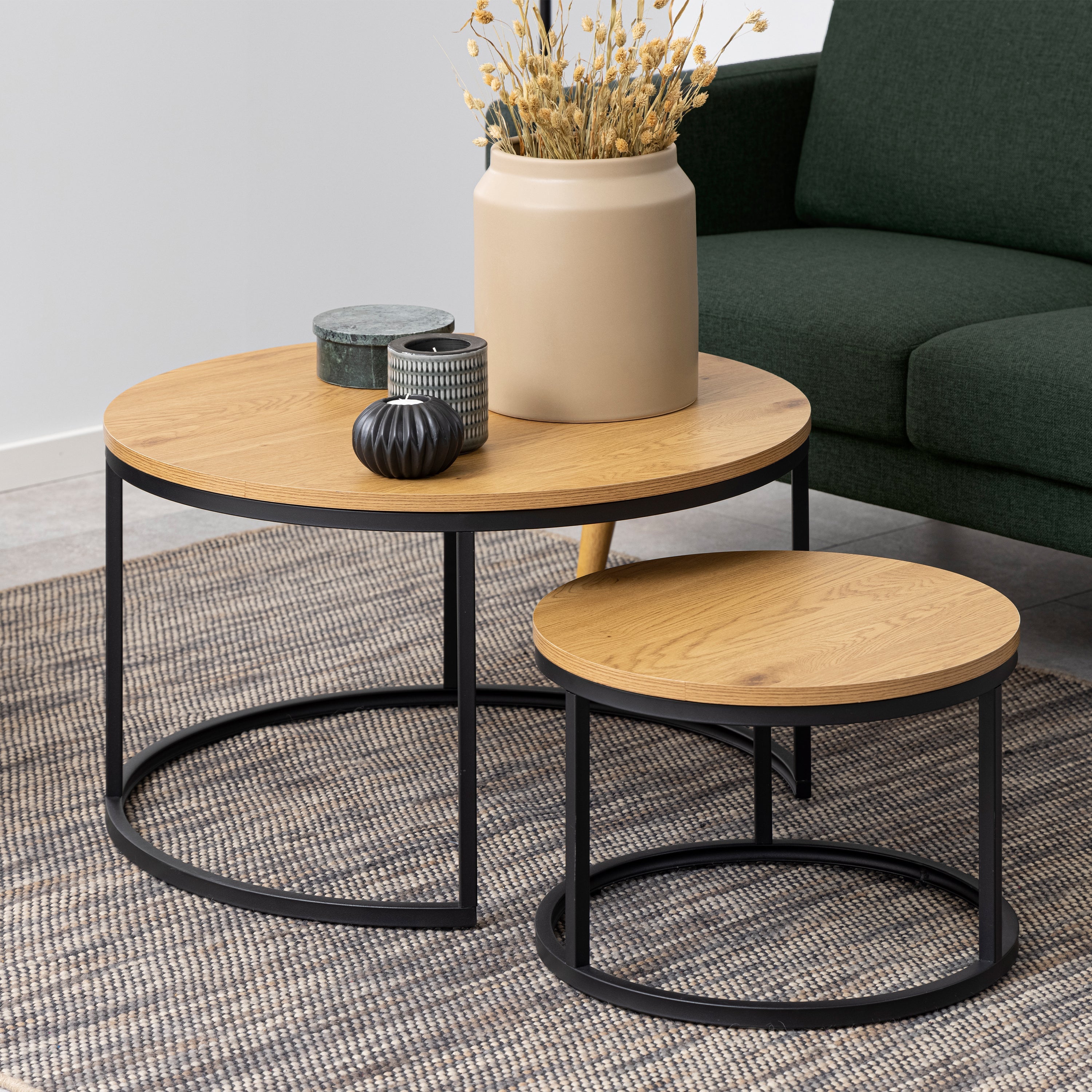 Spiro Round Coffee Table Set with Oak Top & Black Legs – FTG, view 3