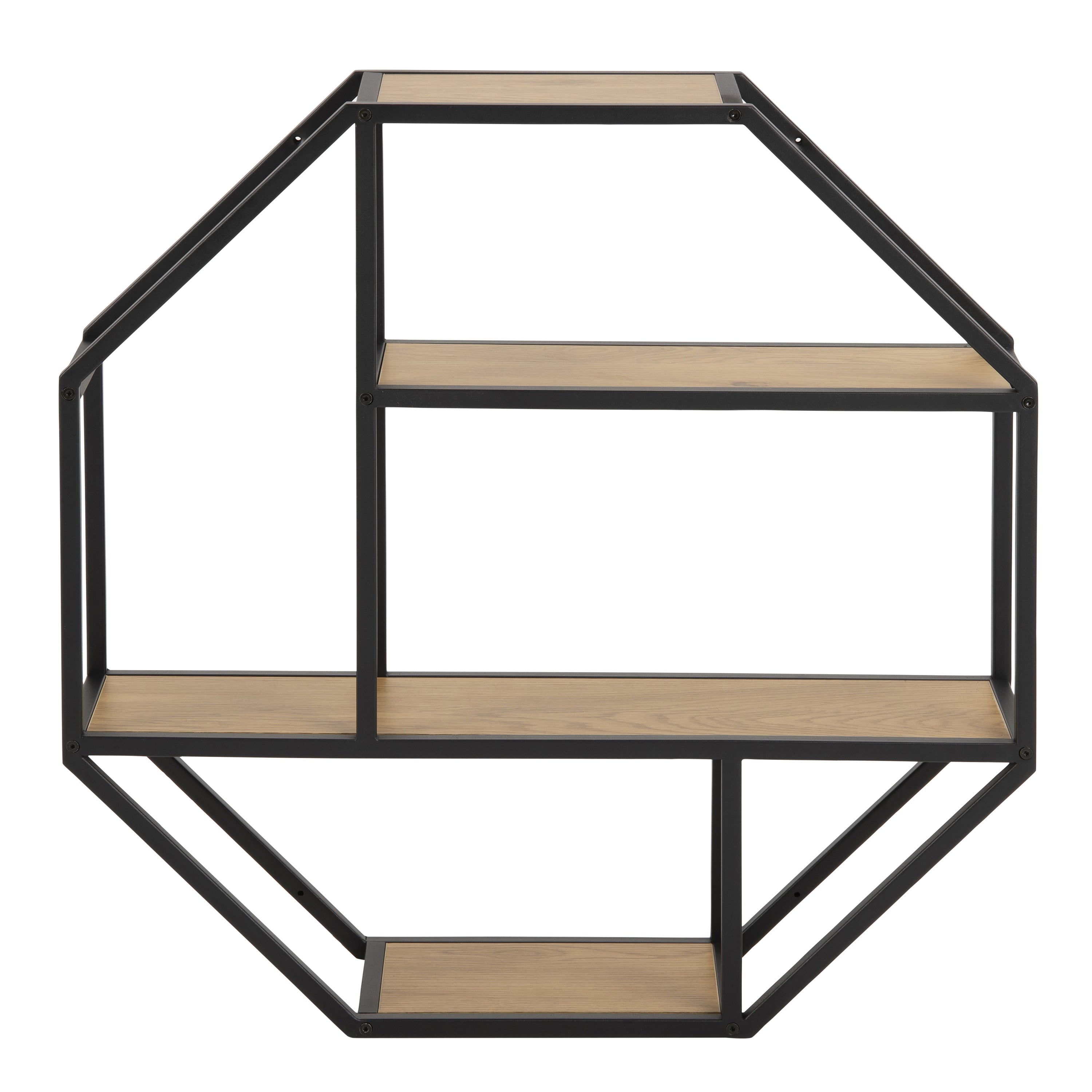 Seaford Octagonal Metal Wall Shelf in Black & Oak – FTG, view 2