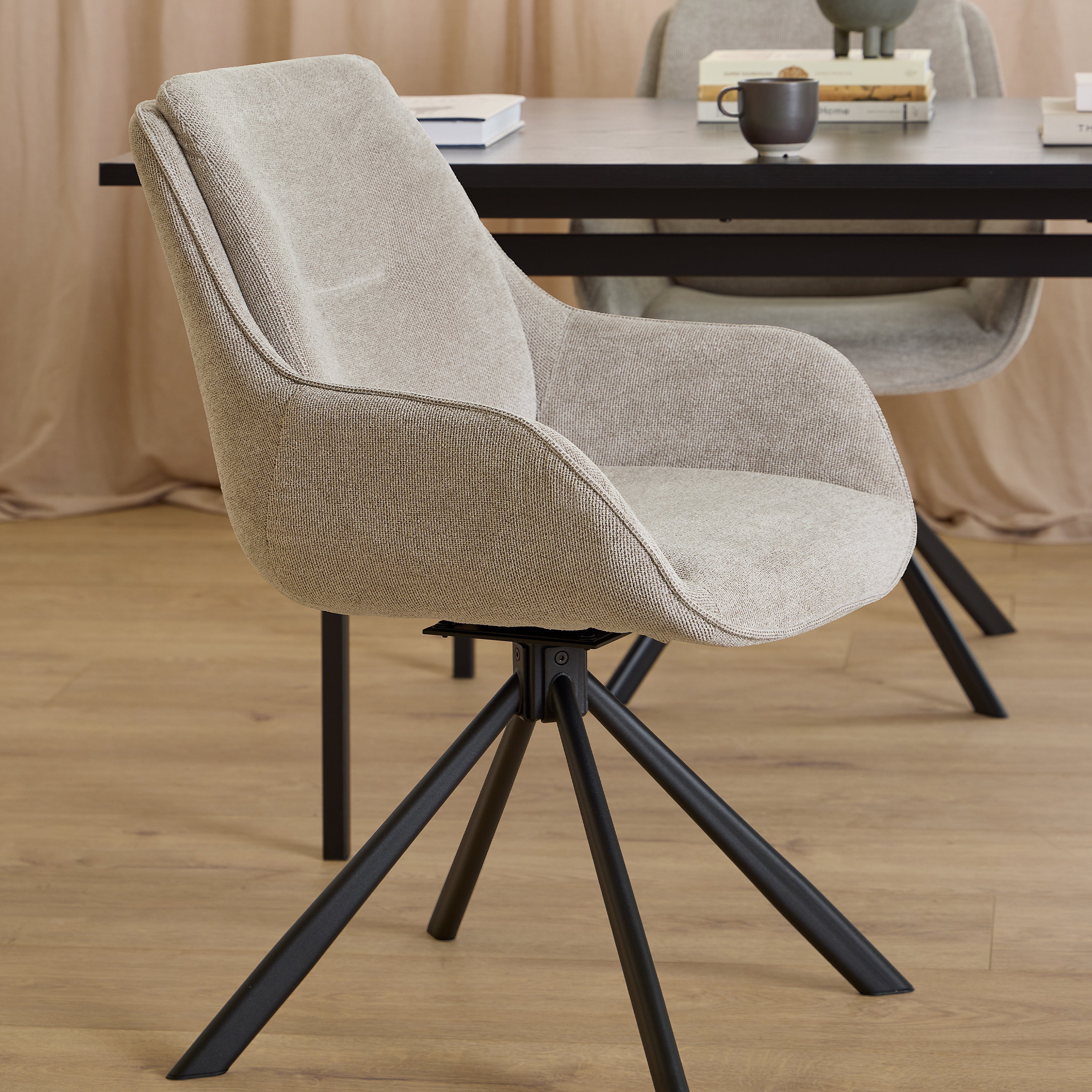 Angus Dining Table in Black 200x74cm Included 4 Carrie Swivel Dining Chairs in Sand – FTG, view 10