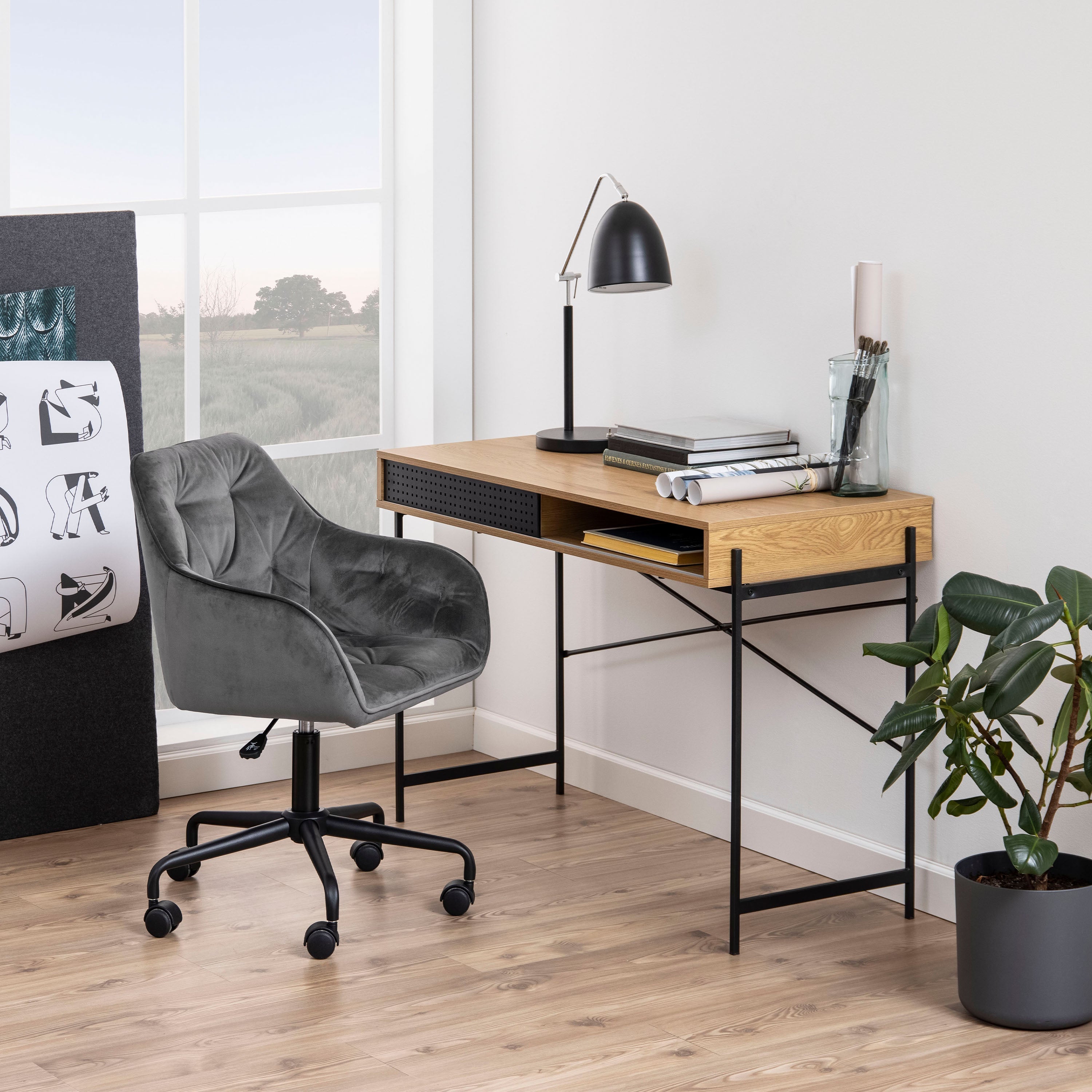 Angus Office Desk with Sliding Door in Oak & Black – FTG, view 5