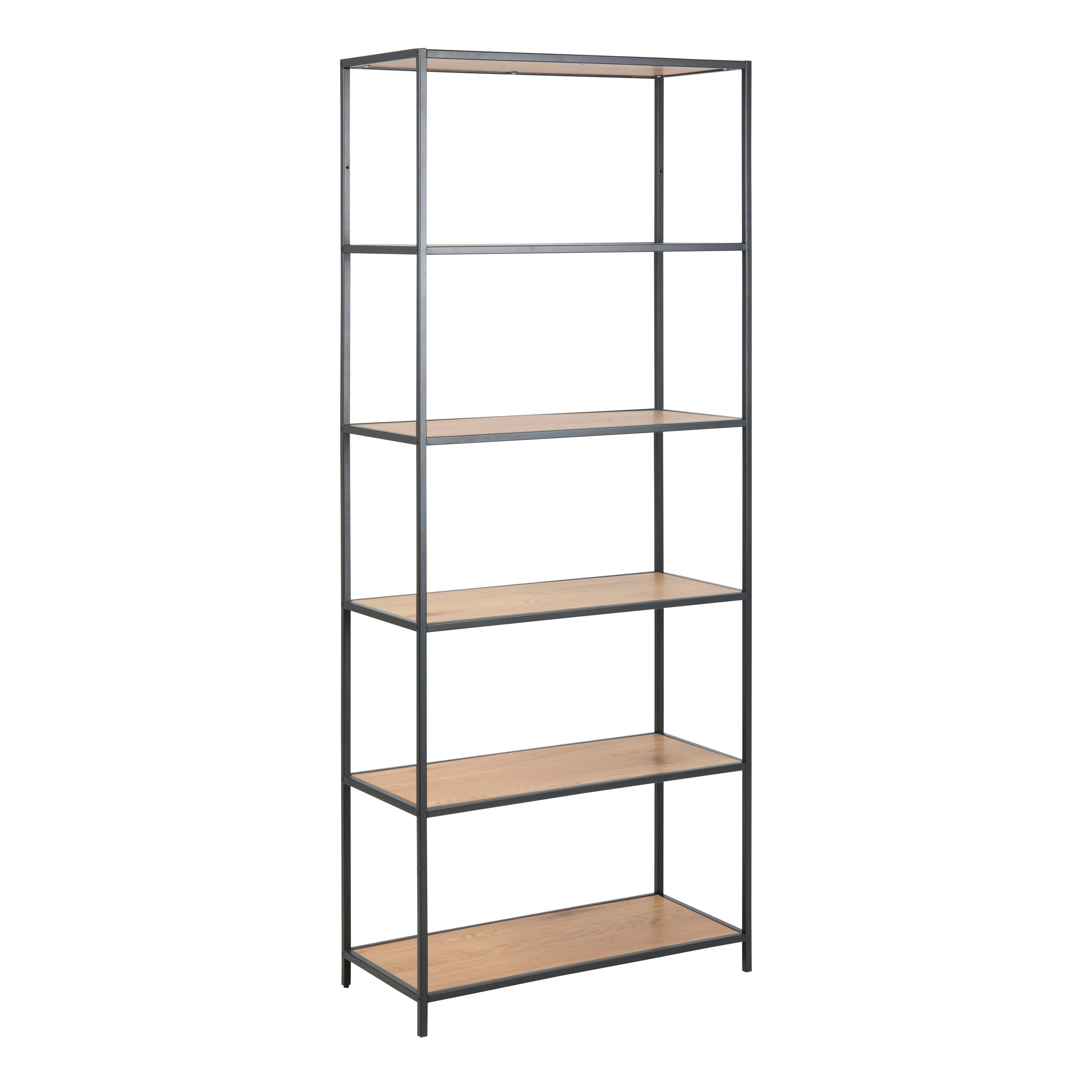 Seaford Tall Black Metal Bookcase with 5 Shelves in Oak – FTG