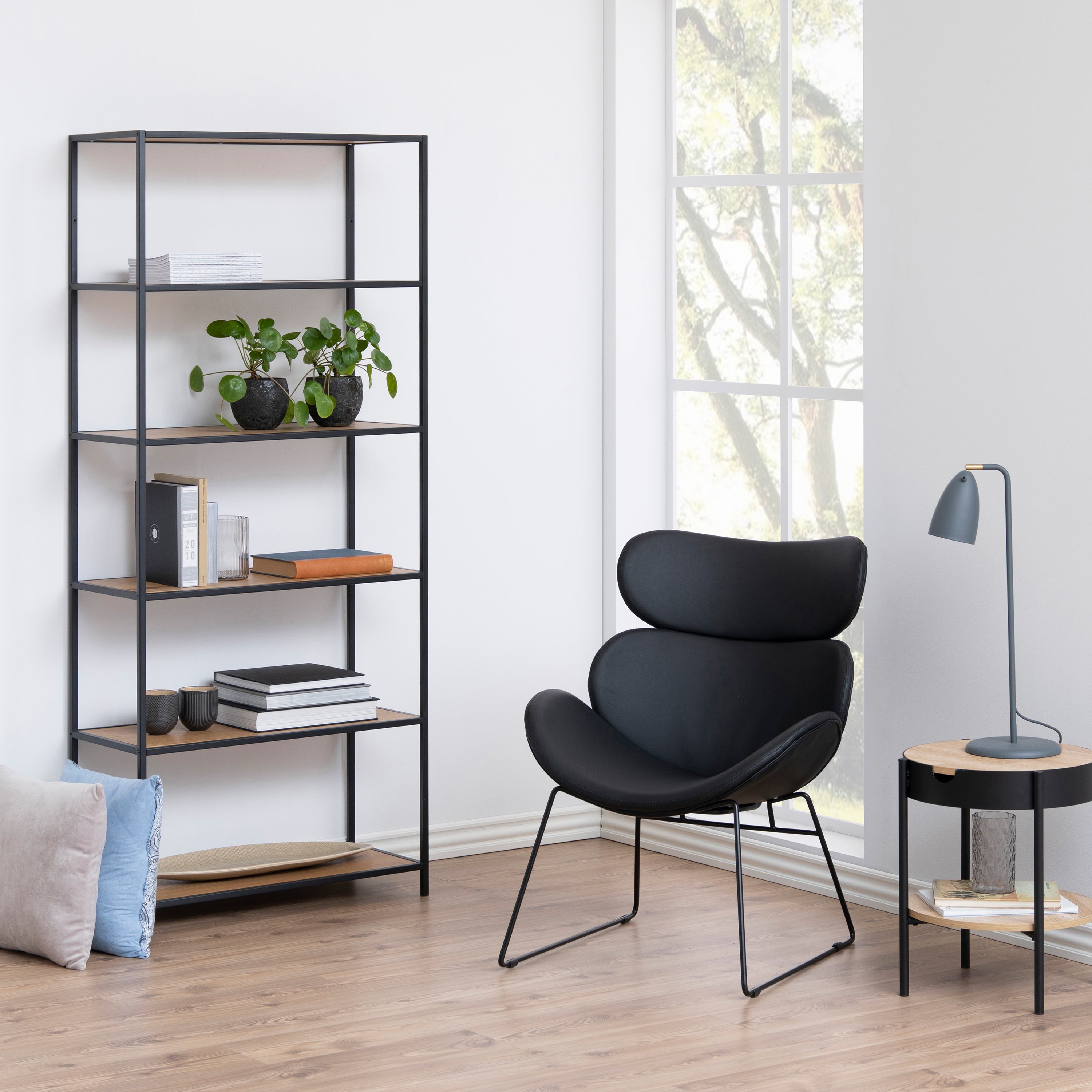 Seaford Tall Black Metal Bookcase with 5 Shelves in Oak – FTG, view 4