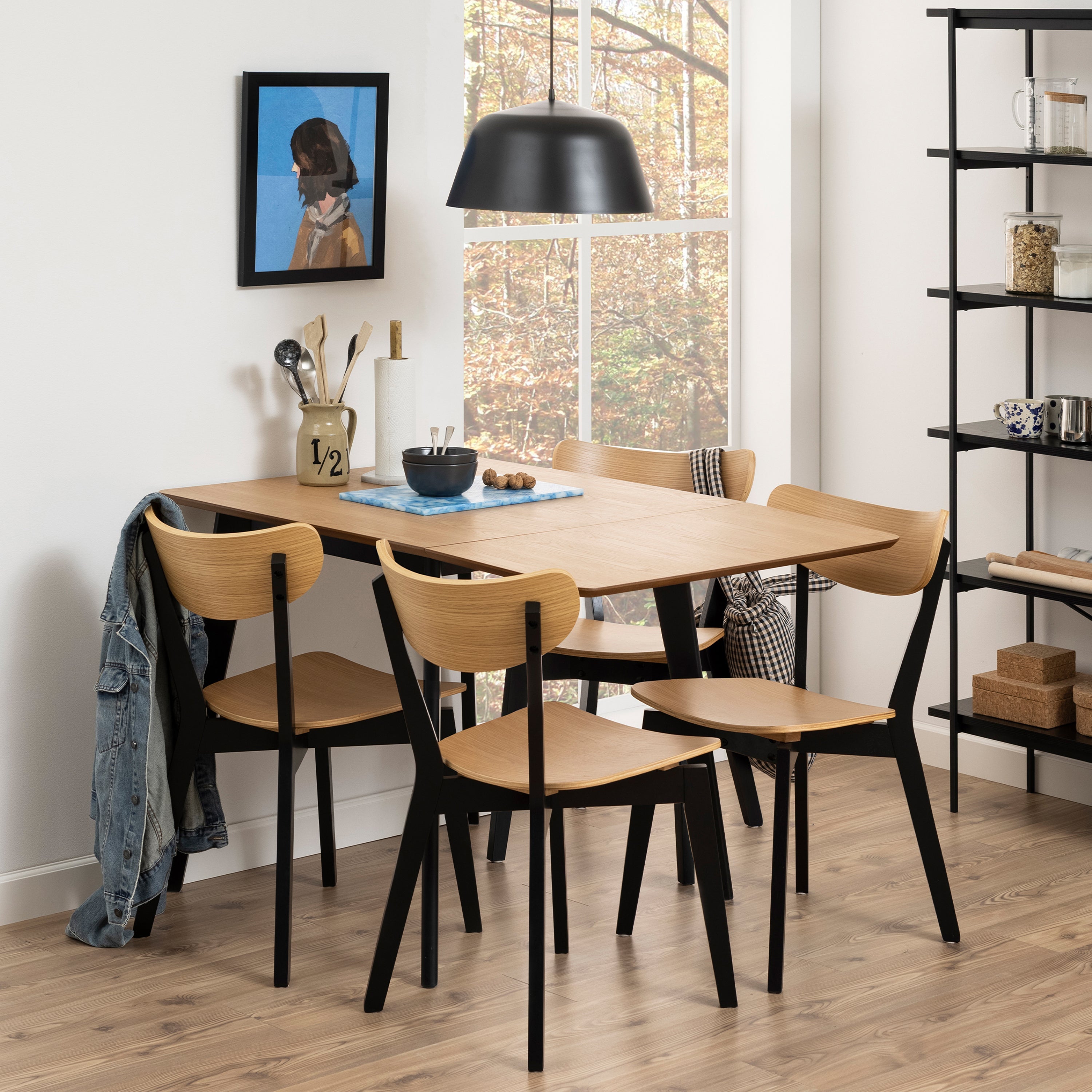 Roxby Extending Dining Table 80-120cm in Oak & Black Included 4 Roxby Dining Chairs in Black and Oak – FTG