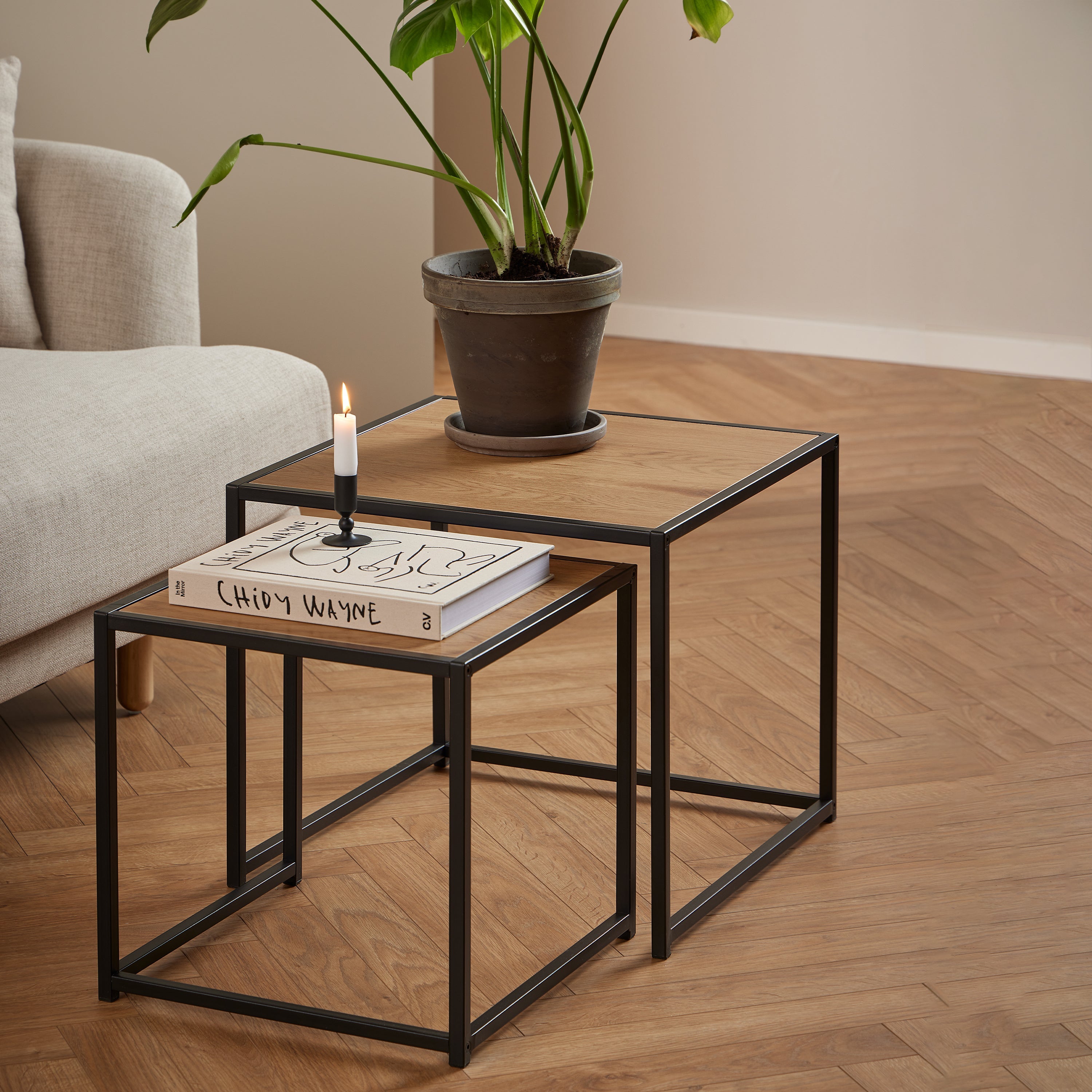 Seaford Black Metal Nest of Tables with Oak Top – FTG, view 5