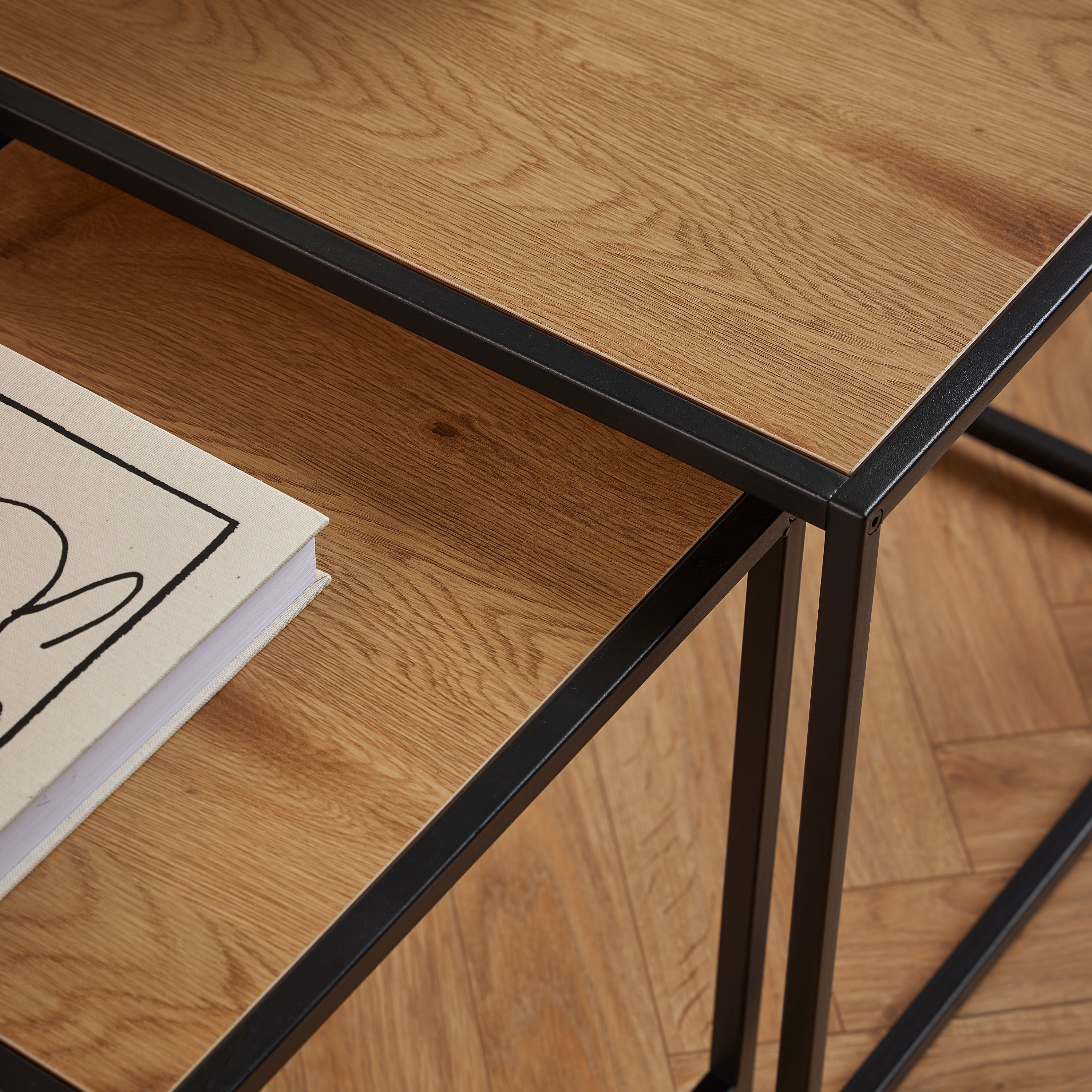 Seaford Black Metal Nest of Tables with Oak Top – FTG, view 6