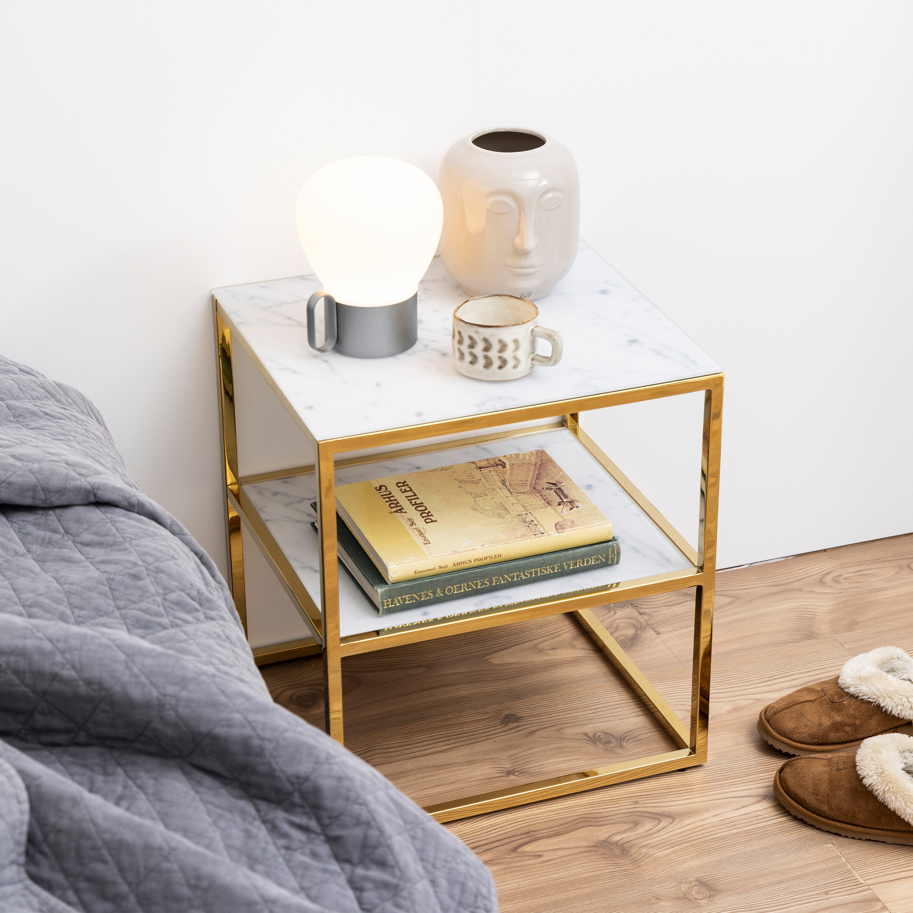 Alisma Bedside Table with White Marble Glass & Gold Base
