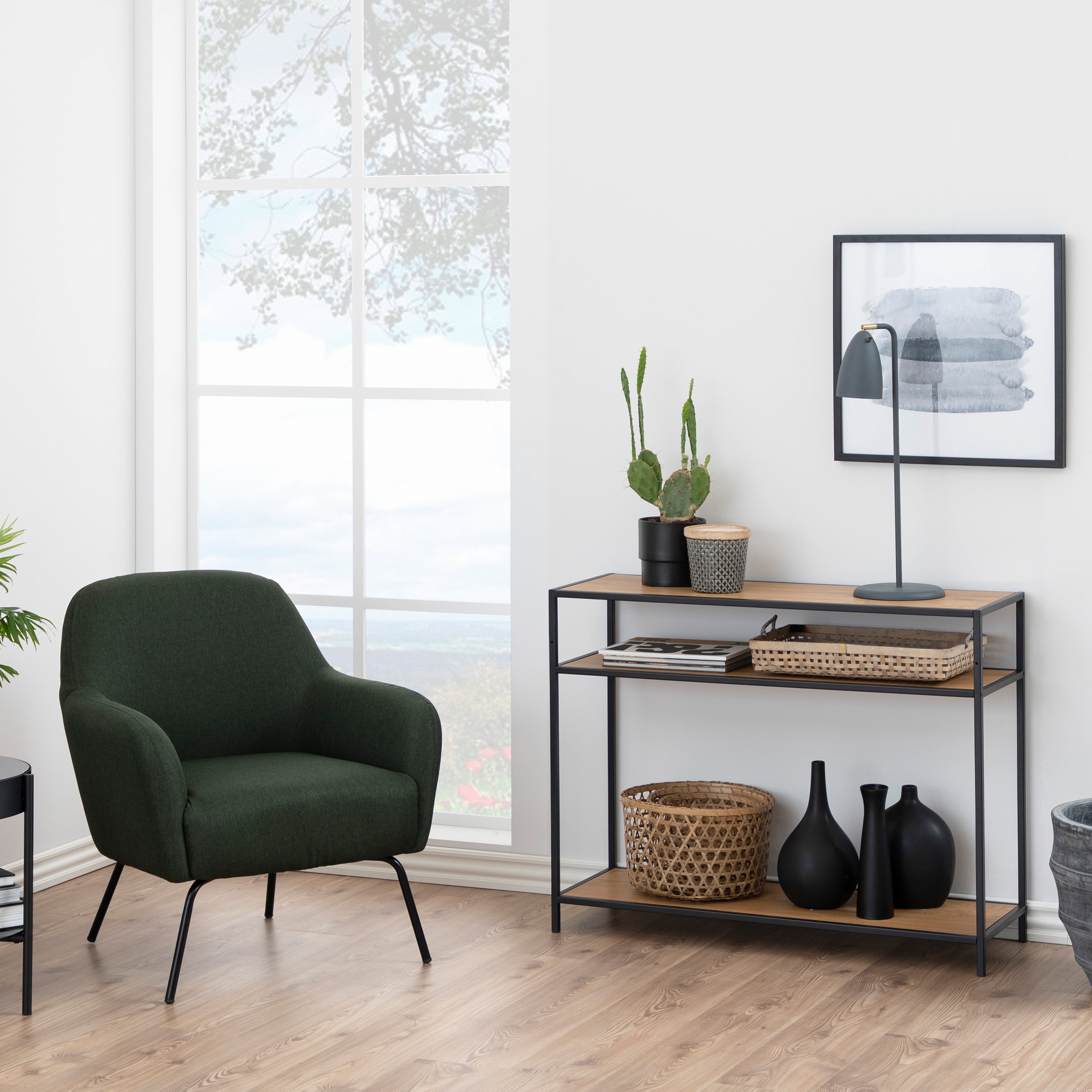 Seaford Console Table, 2 Shelves in Black and Oak – FTG, view 4