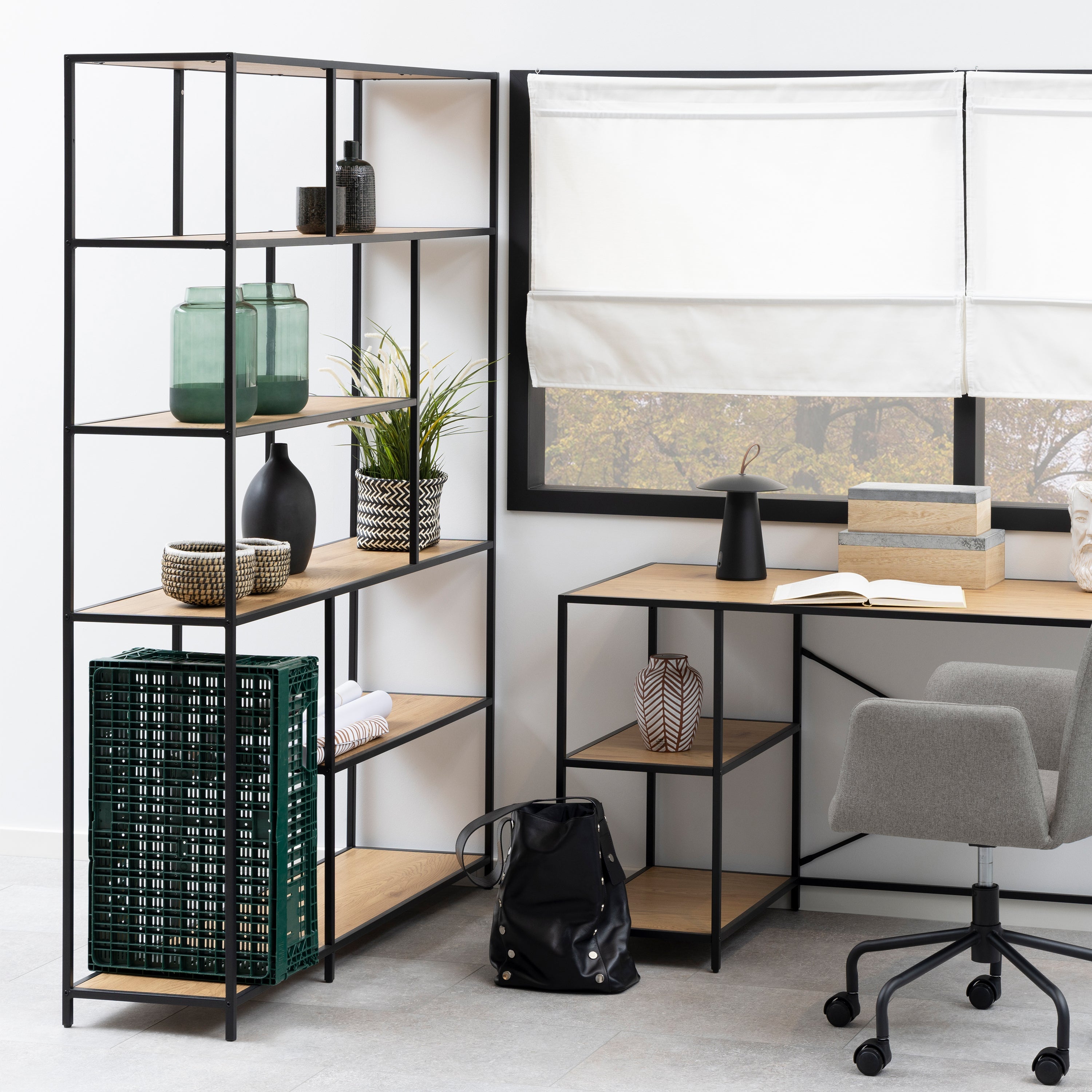 Seaford Bookcase with 5 Shelves in Black and Oak – FTG, view 4
