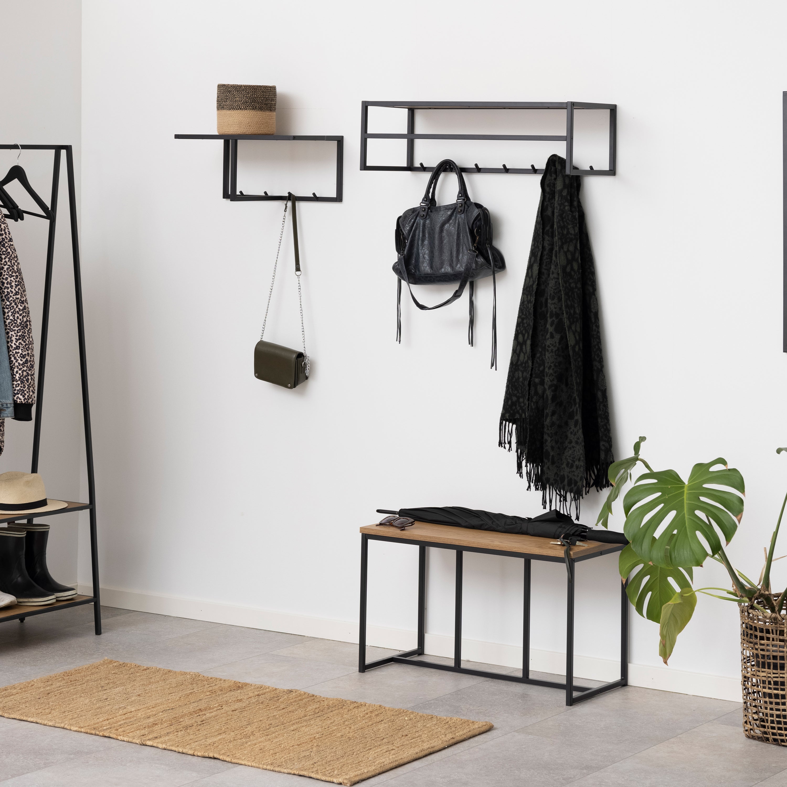 Seaford Black Metal Coat Rack with Oak Top – FTG, view 3