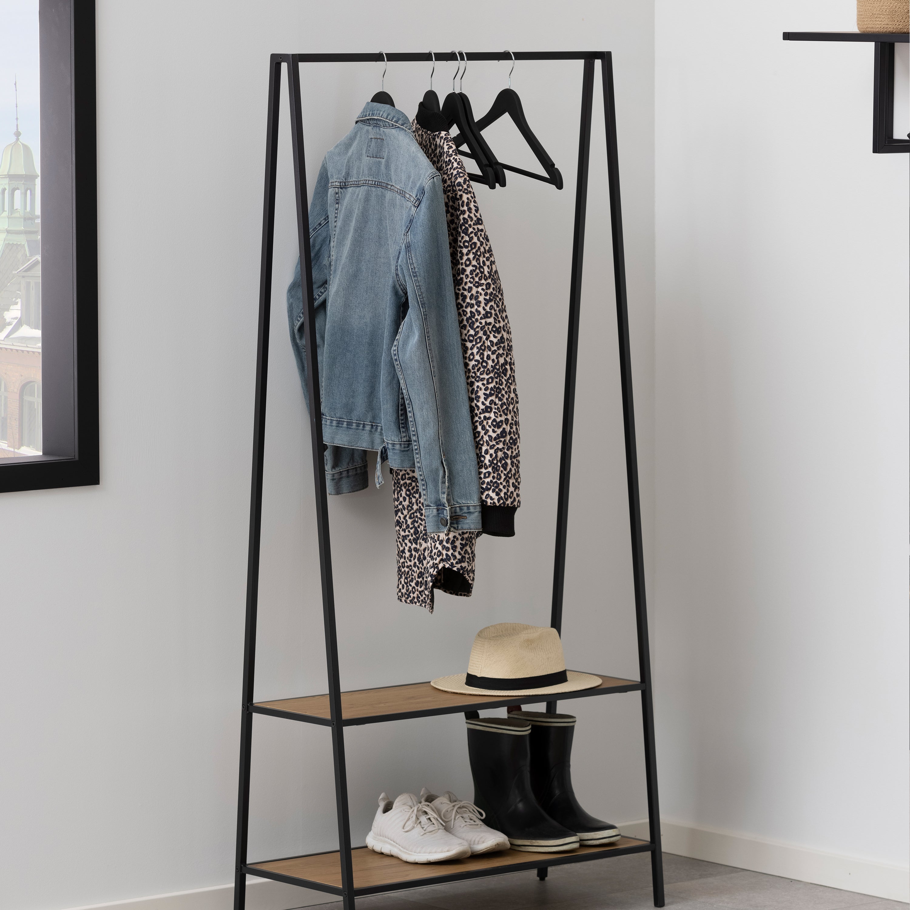 Seaford Black Metal Clothes Rack with 2 Oak Shelves – FTG, view 5