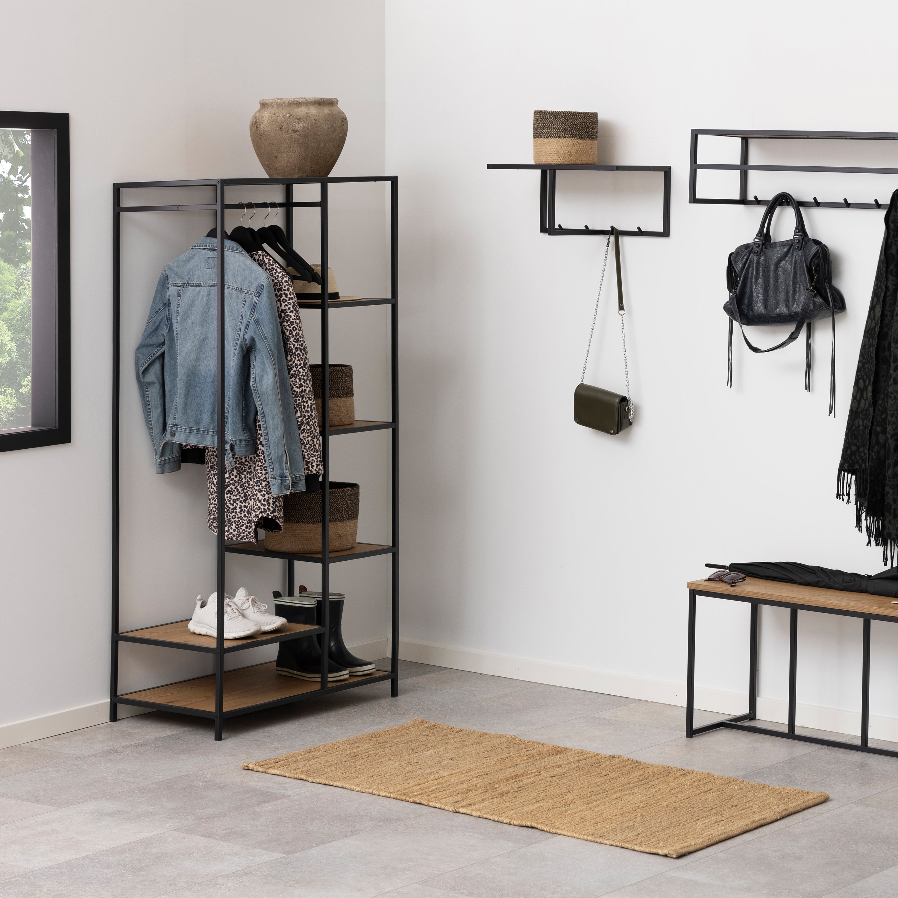 Seaford Black Metal Clothes Rack with 5 Oak Shelves – FTG, view 4